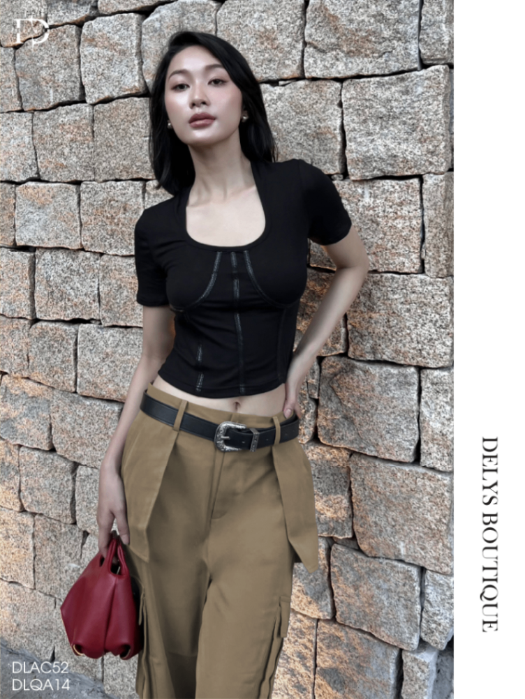 Áo Cổ U Phối Gân Da