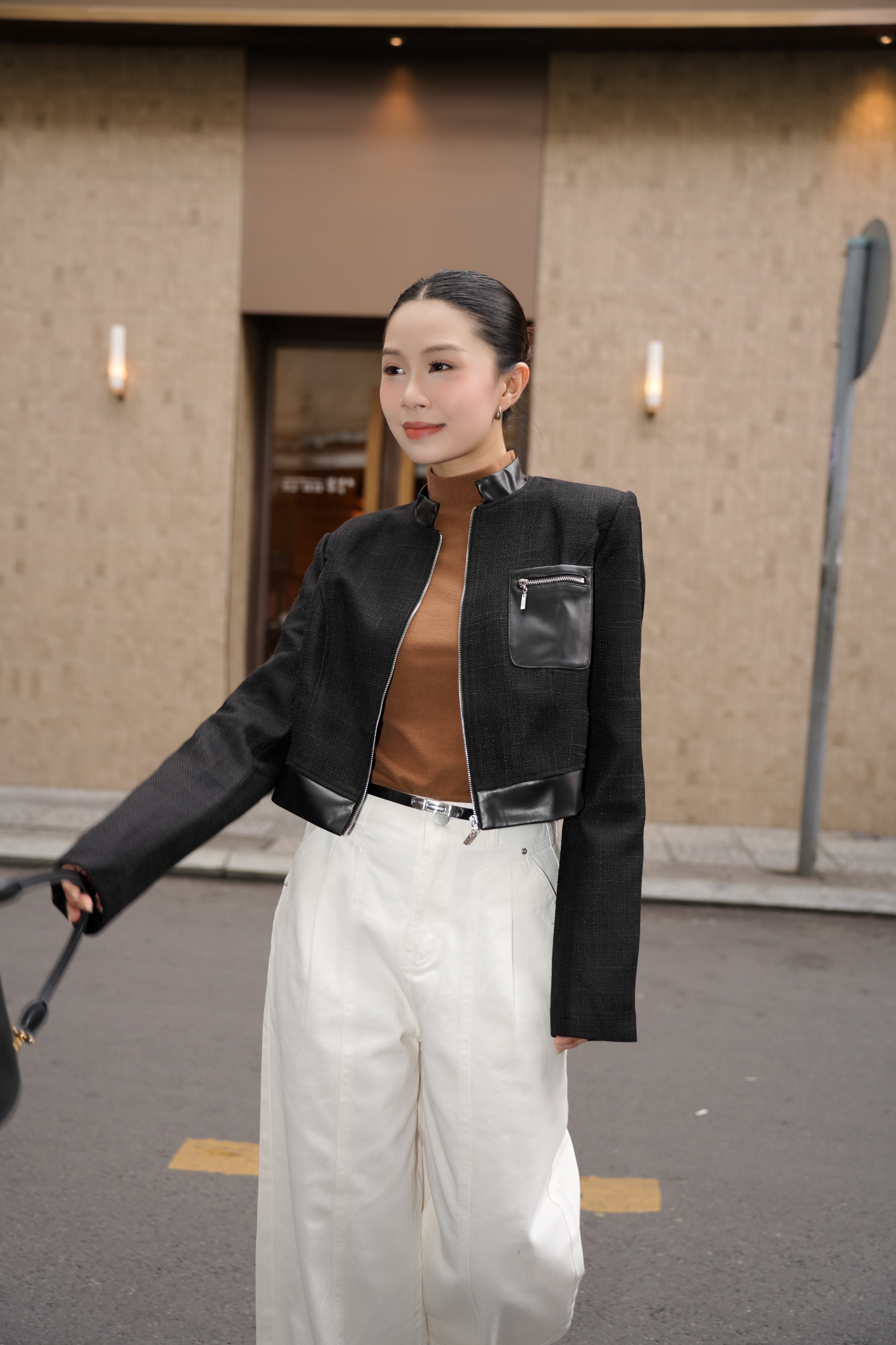 Áo Khoác Dạ Tweed Phối Da