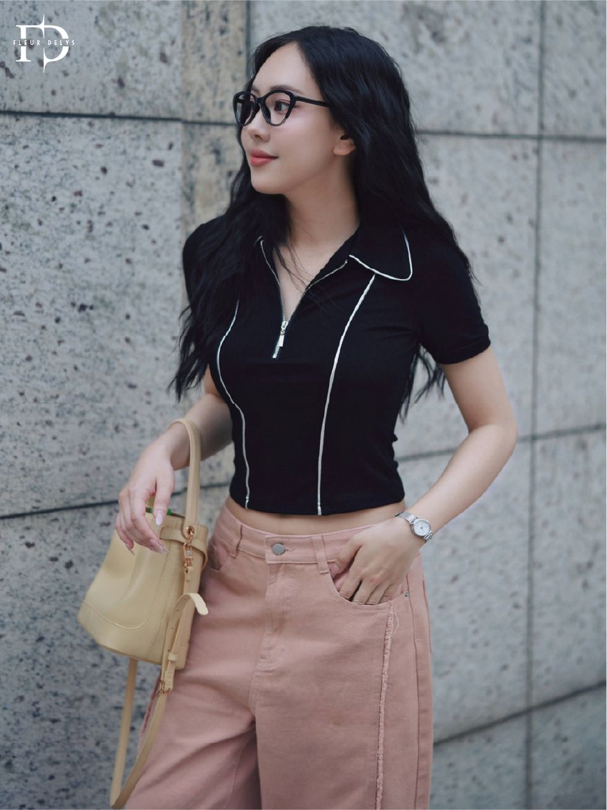 Áo Zip Đen Phối Lé Bạc