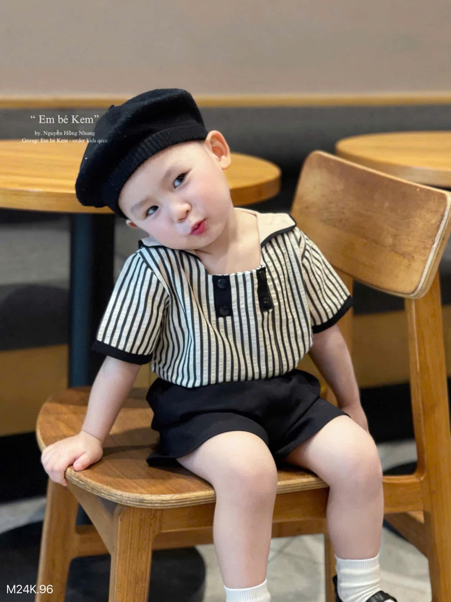 HCS Sét áo sọc cúc ngựa quần đen cho bé lẻ sz 80 (7-9kg)