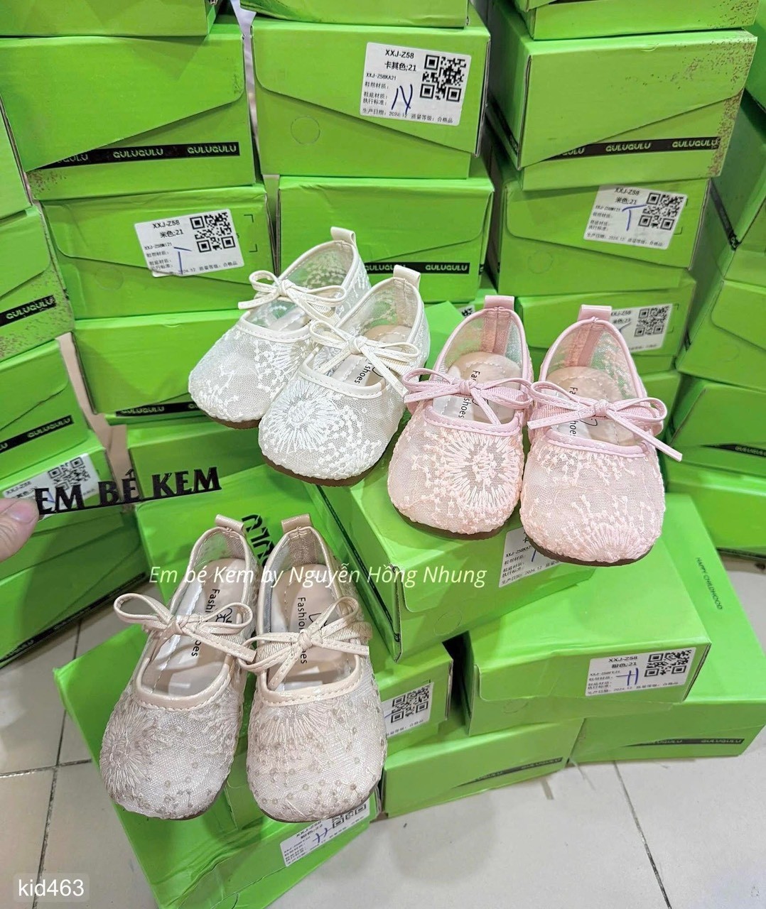 HCS giày tiểu thư phối ren quai ngang đính nơ cho bé hồng sz 23 ( 13-13,5cm)