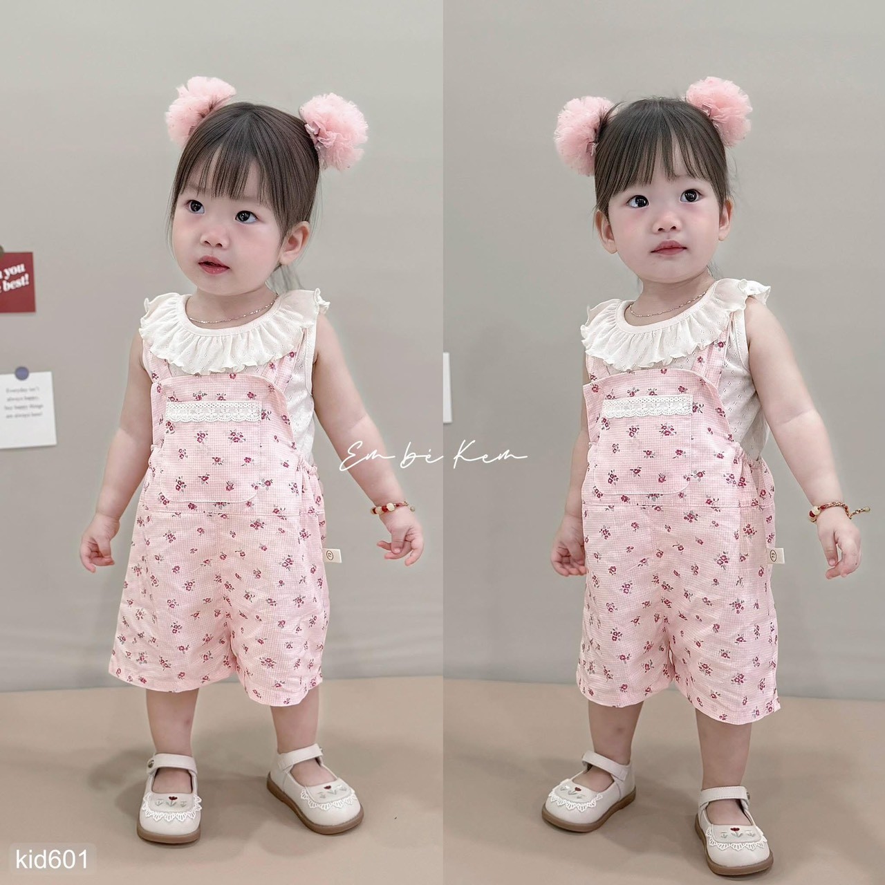 HCS Sét yếm kèm áo họa tiết hoa nhí màu hồng sz 73 ( 7-9kg)