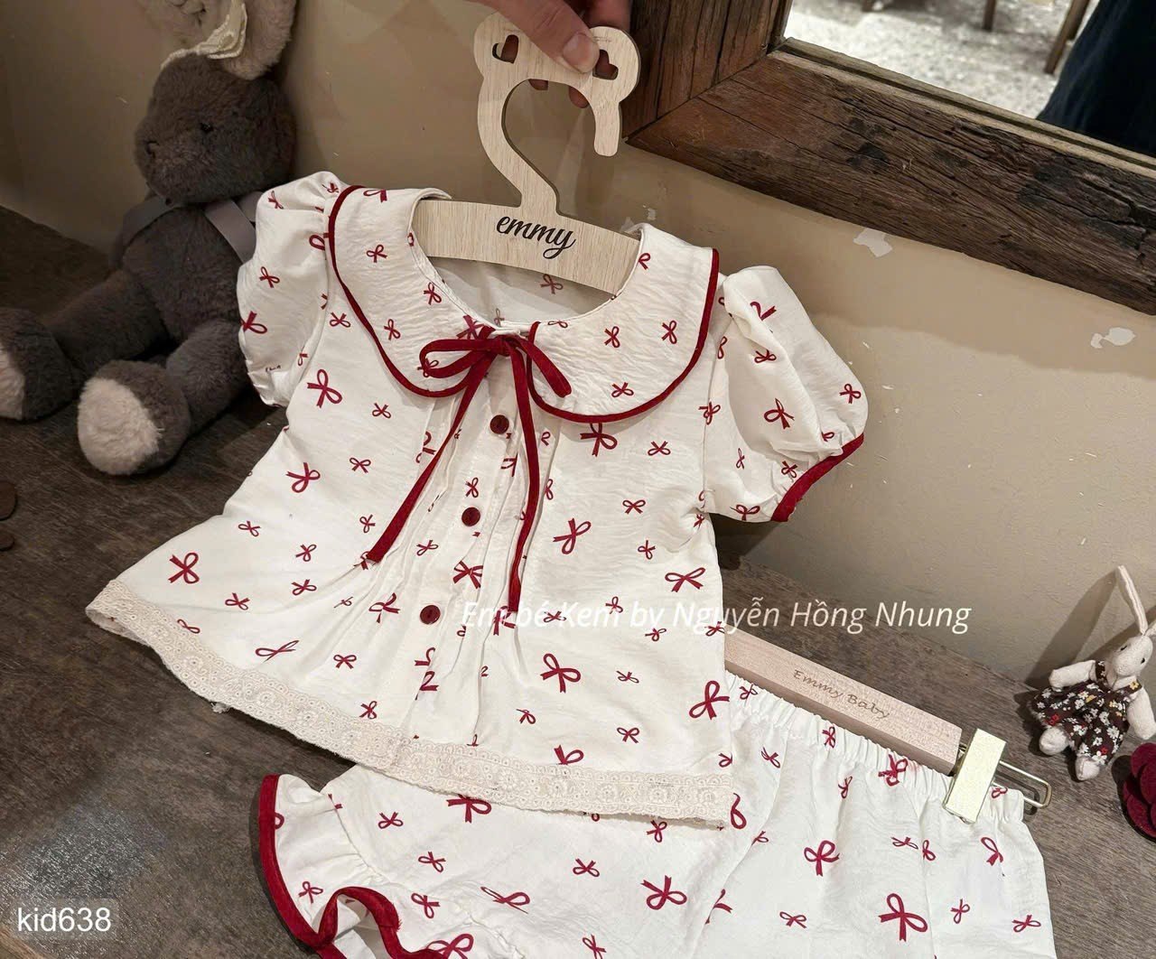 HCS Set bộ áo tay bồng quần viền bèo họa tiết nơ đỏ siu xinh cho mẹ và bé