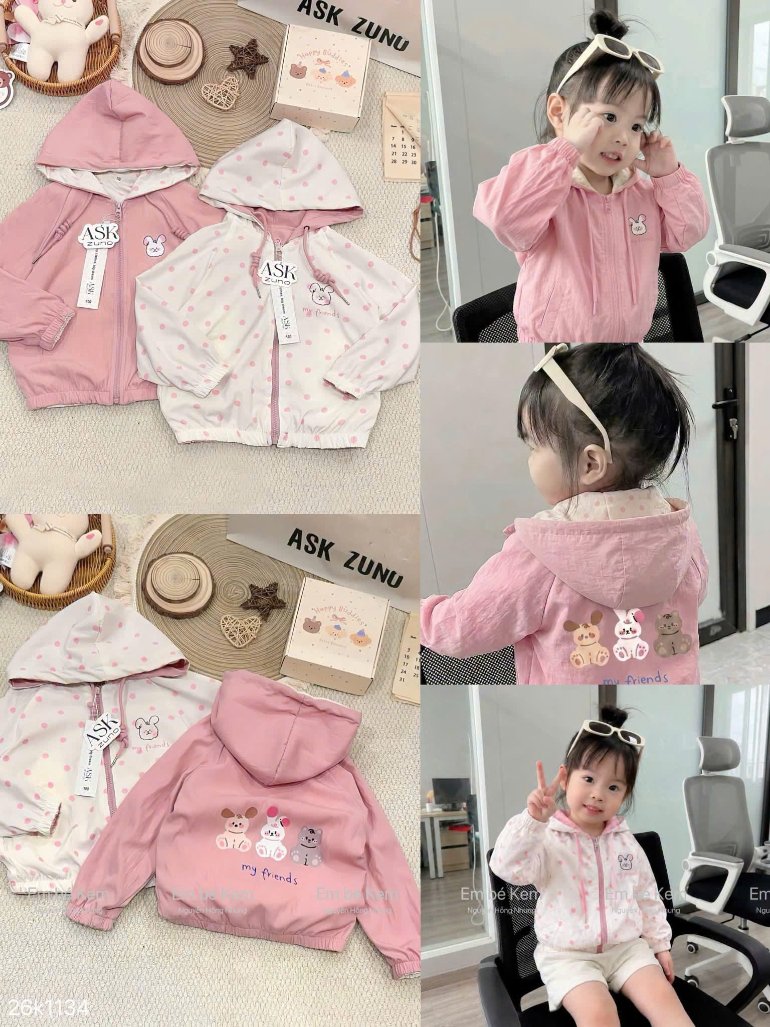 HCS(26K1134) Áo khoác 2 mặt chấm bi tone hồng logo thỏ ngực