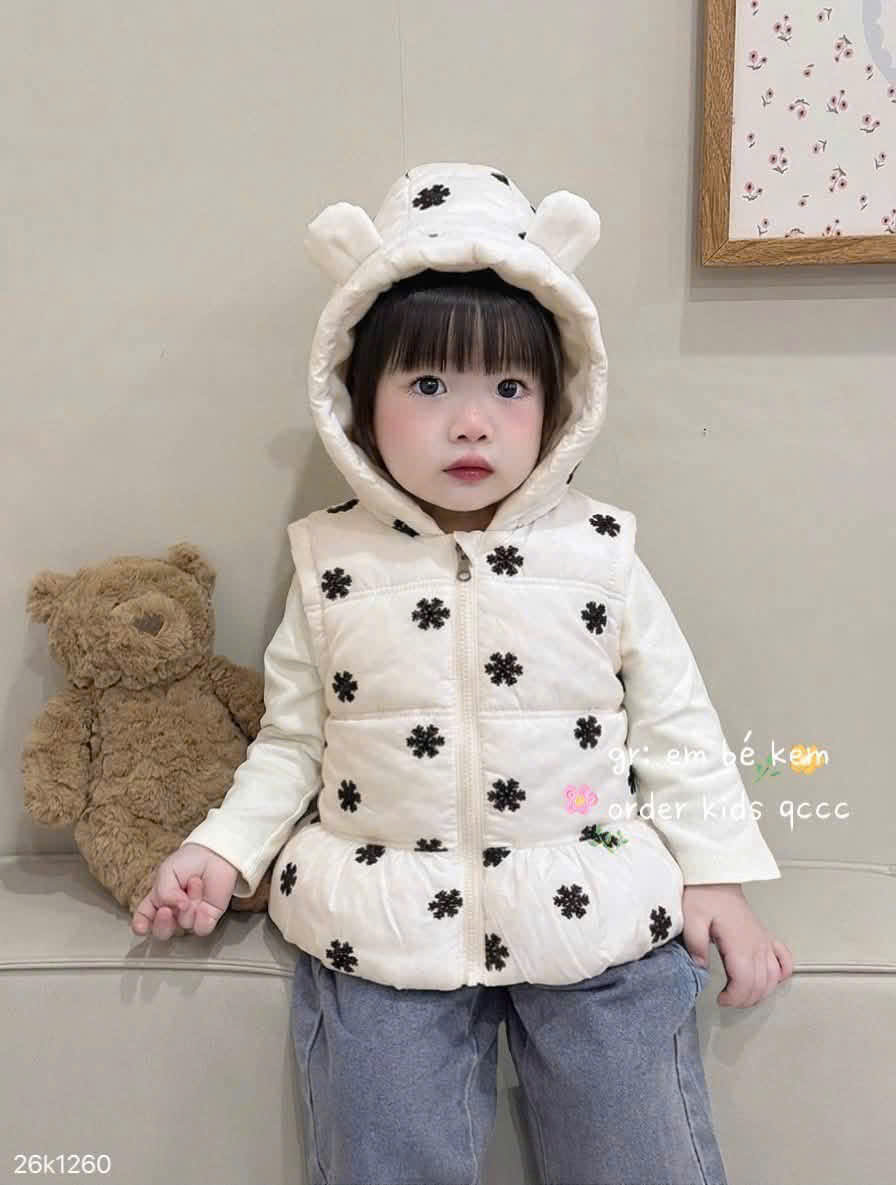 HCS (26K1260) Áo phao gile trắng tai gấu thêu bông tuyết đen siêu xinh - 90