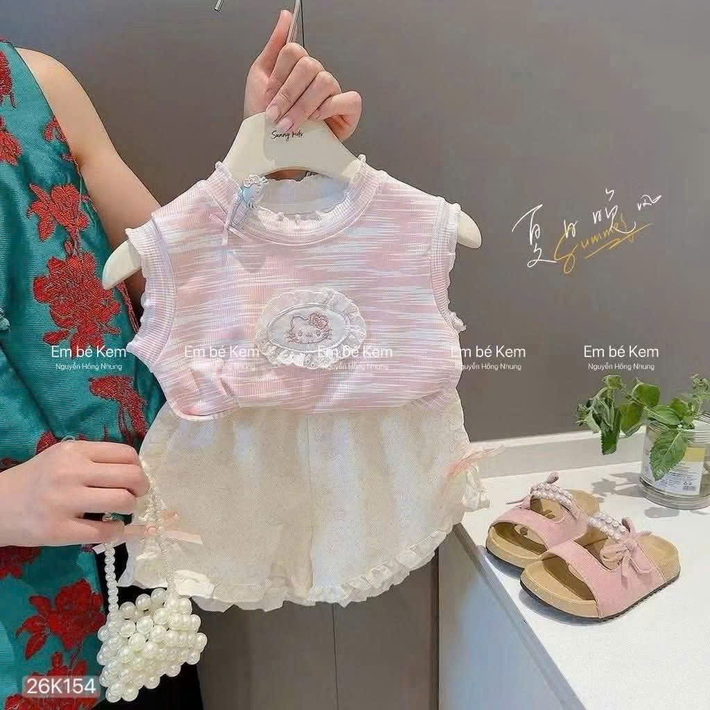 HCS (26K154) Set bộ áo loang hồng hello kitty kèm quần be viền bèo - 80 (9/11KG)