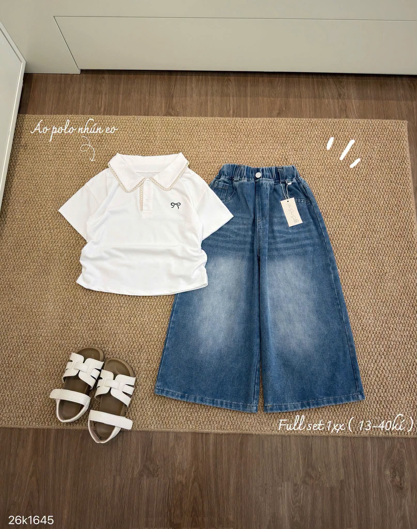 HCS(26K1645) Set áo polo in nơ ngực kèm quần jean xanh - sz 3