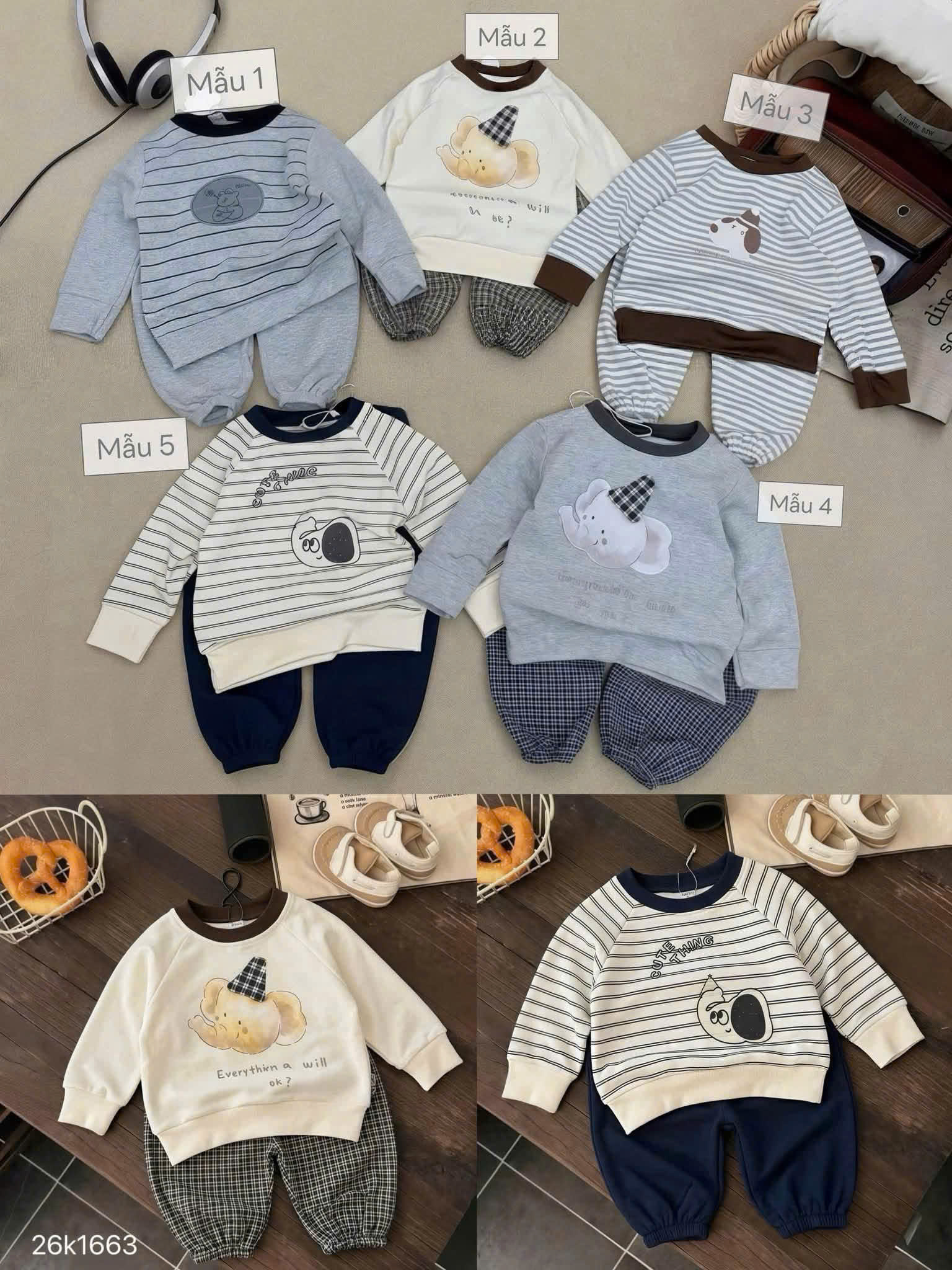 HCS(26K1663) Set 2b áo nỉ hình động vật kèm quần bo ống cho bé - MẪU 4 - sz 4