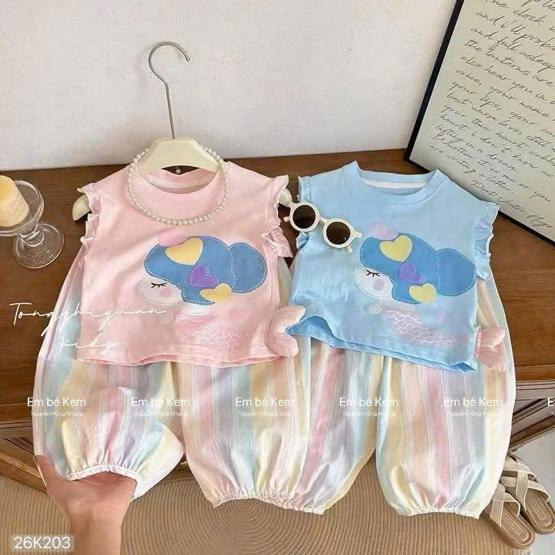 HCS (26K203) Set bộ áo sát nách viền bèo cô gái quần cầu vồng - sz 80 ( 9-11kg)
