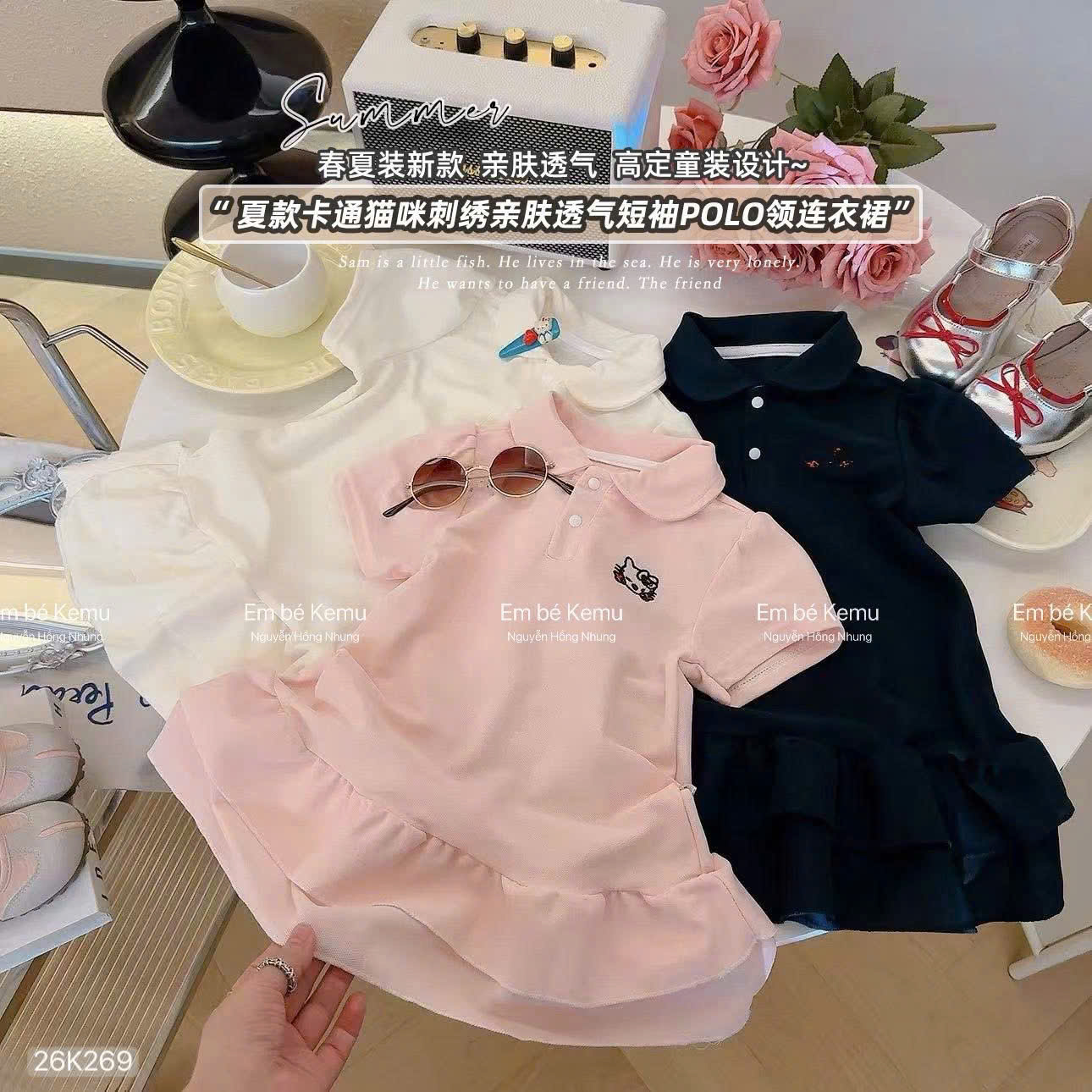 HCS (26K269) Váy polo cổ sen thêu mickey ngực - TRẮNG - 90 (11-13KG)