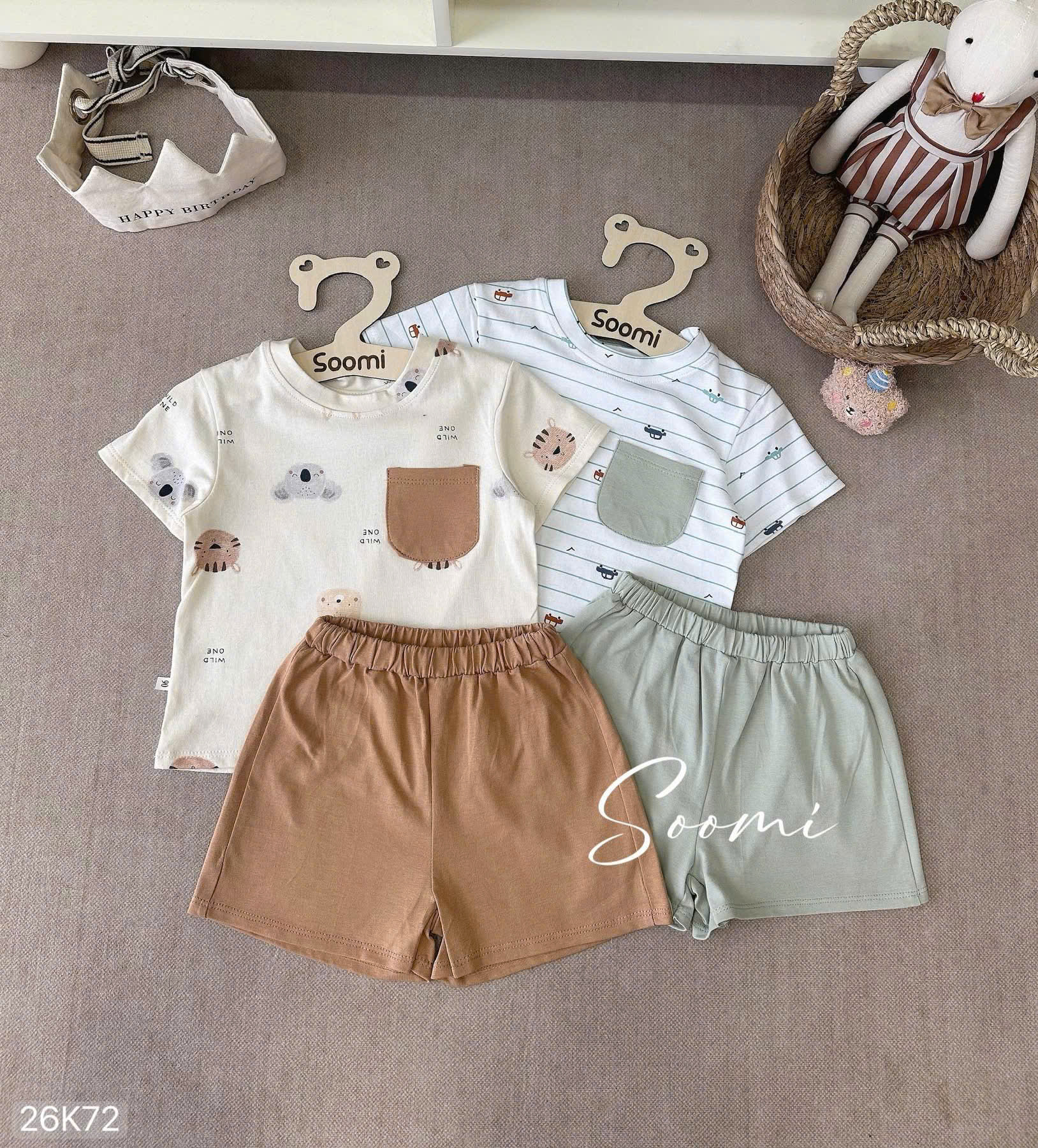 HCS (26K72) Set 2b bé trai tone Hàn túi ngực in hổ cho bé