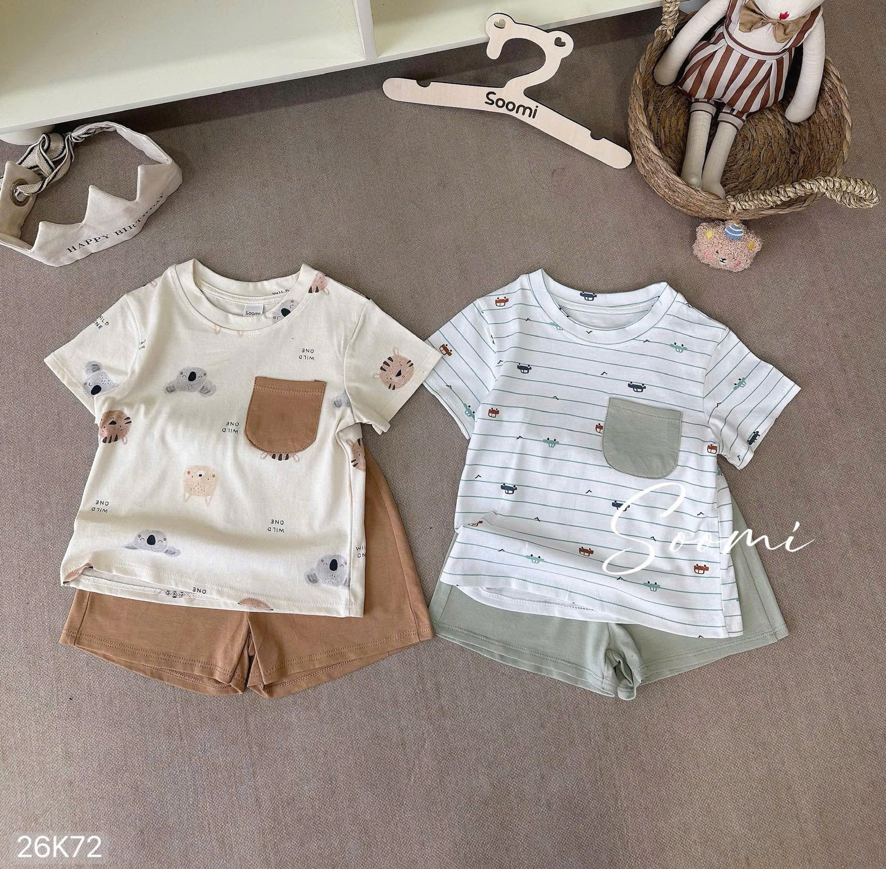 HCS (26K72) Set 2b bé trai tone Hàn túi ngực in hổ cho bé