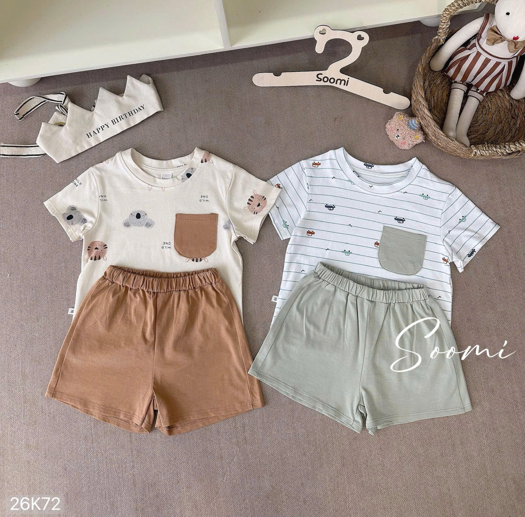 HCS (26K72) Set 2b bé trai tone Hàn túi ngực in hổ cho bé