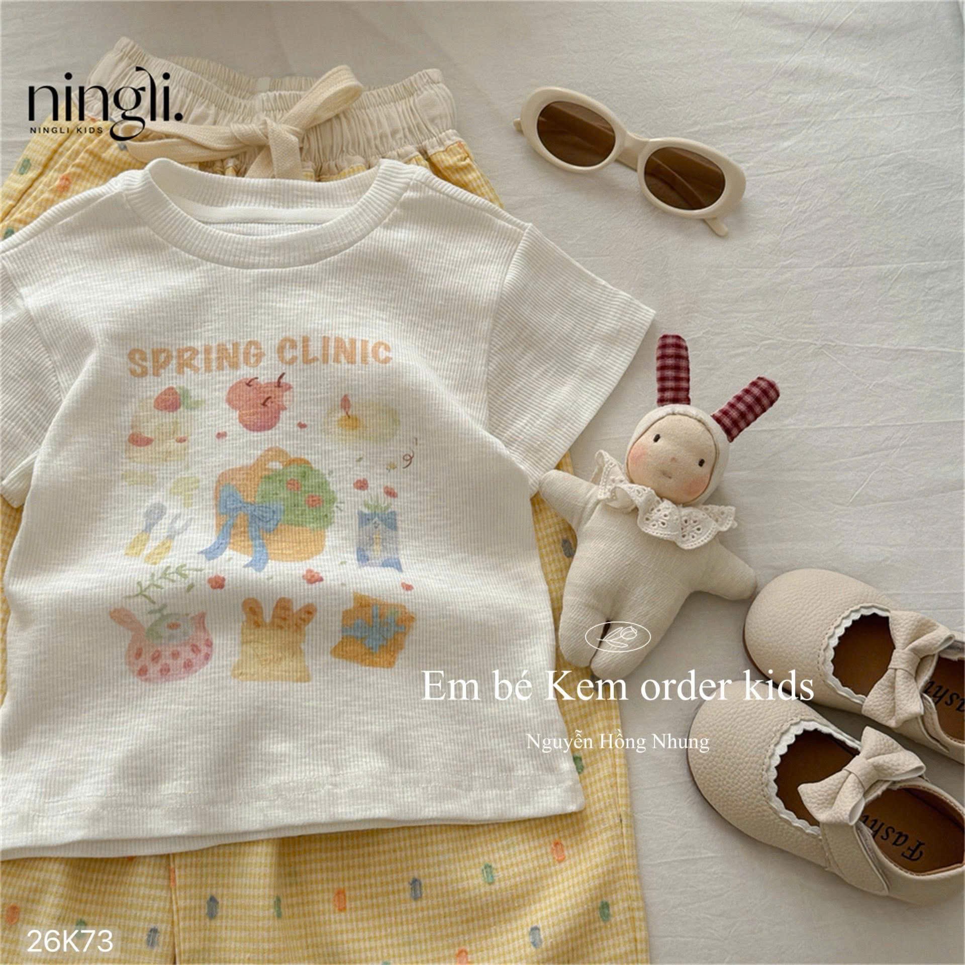 HCS (26K73) Set áo phông trắng Spring Clinic quần suông vàng chấm màu cho bé