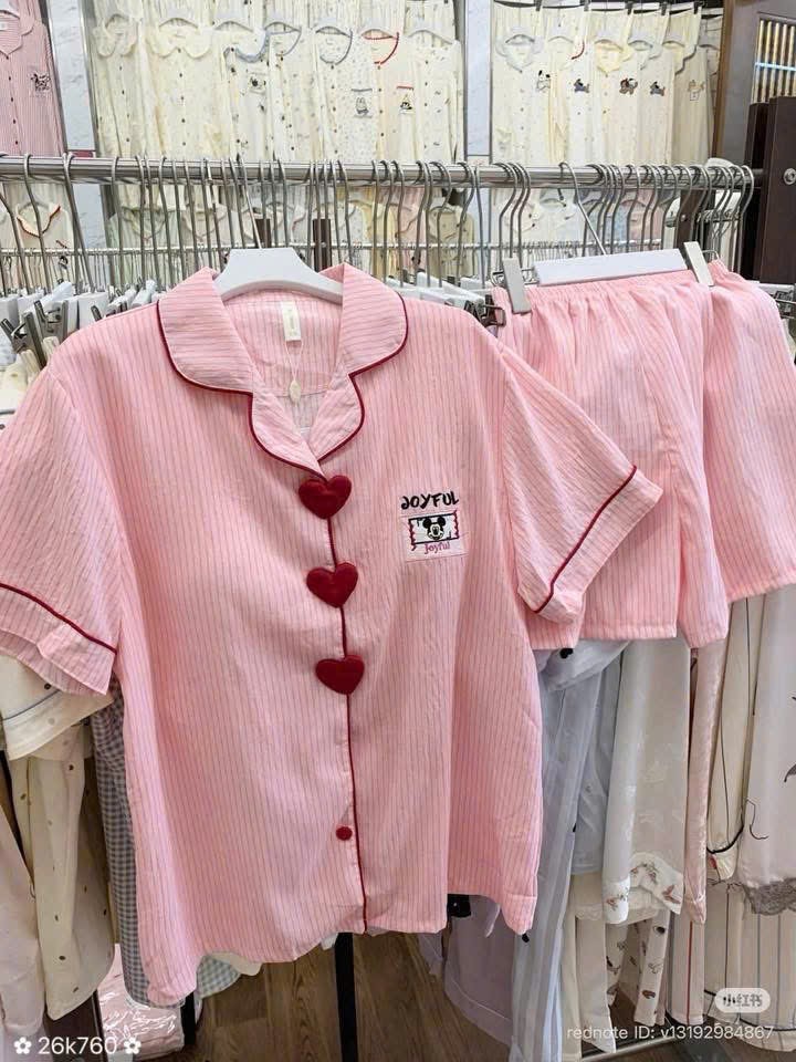 HCS(26K760) Set bộ pijama kẻ hồng tim đỏ ngực cho ce - Quần dài - L