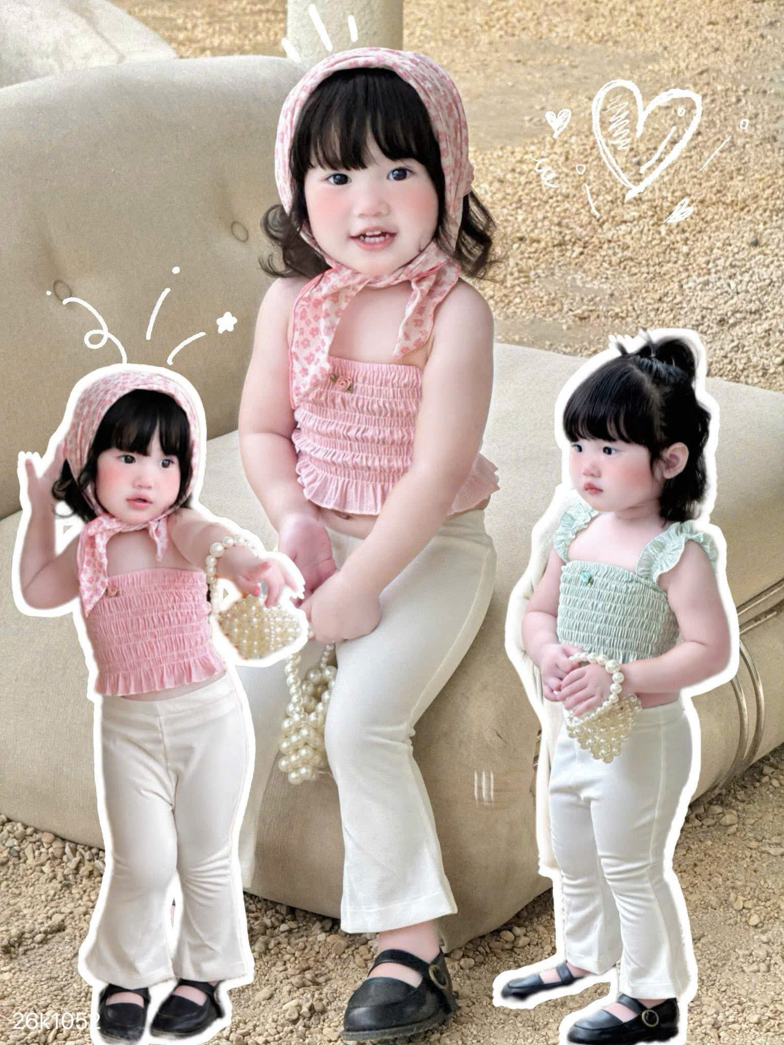 HCS(26k1052) Sét bộ áo 2 quây kèm quần loe trắng cho bé siêu điệu- KHÔNG DÂY - HỒNG - sz 0