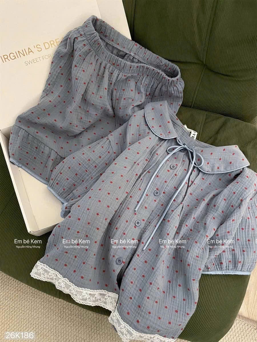 HCS(26k186) Sét bộ mặc nhà cổ sen màu xám chấm bị viền ren cho chị em - L