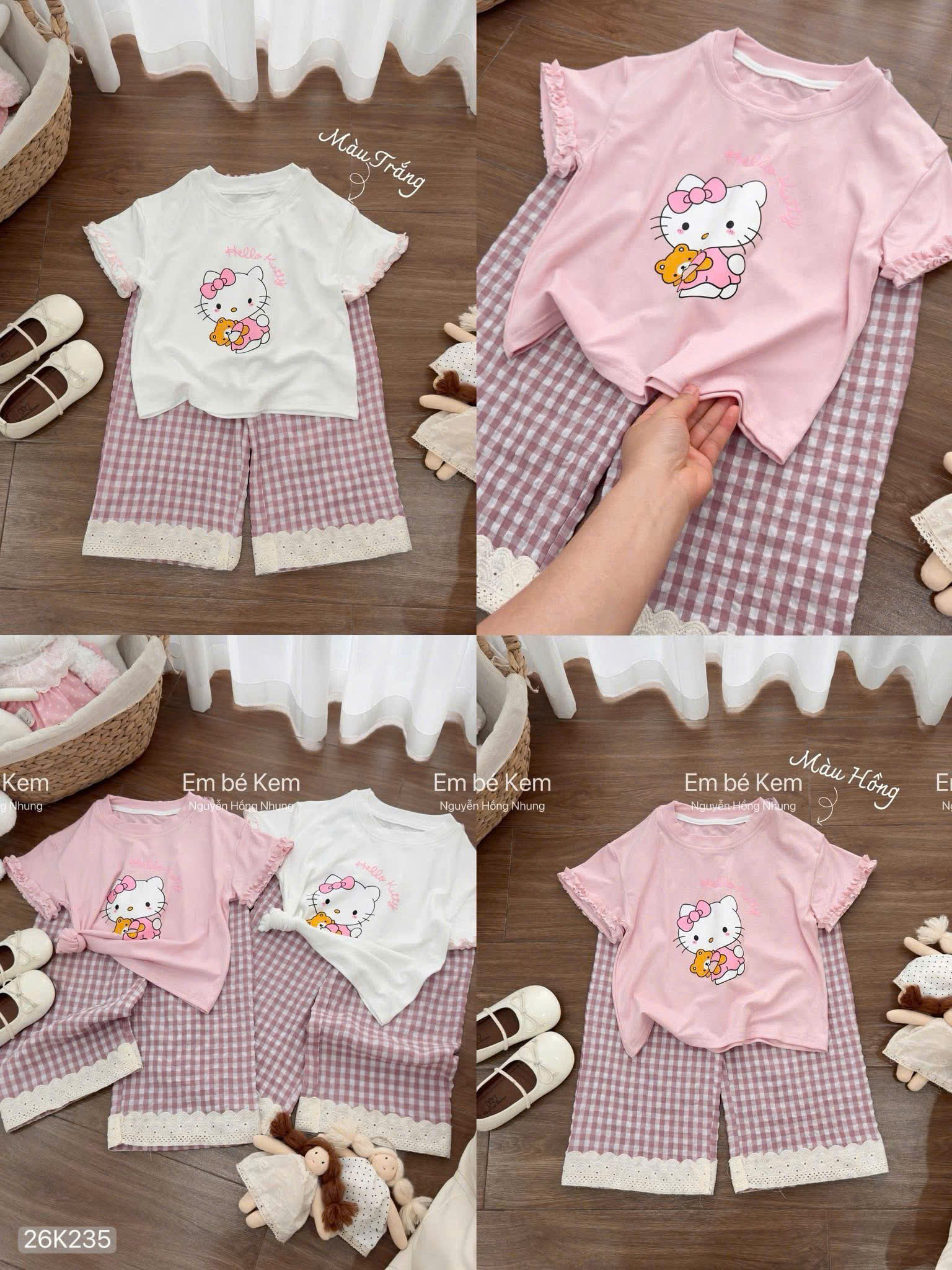 HCS -(26k235) Sét bộ mặc nhà viên ren hình hello kitty - HỒNG - sz 4 (13-15KG)