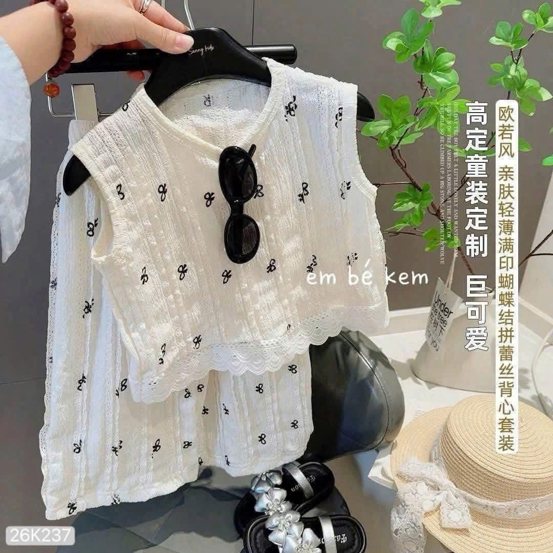 HCS(26k237) Sét bộ mặc nhà balo màu trắng họa tiết nơ đen cho bé - 100