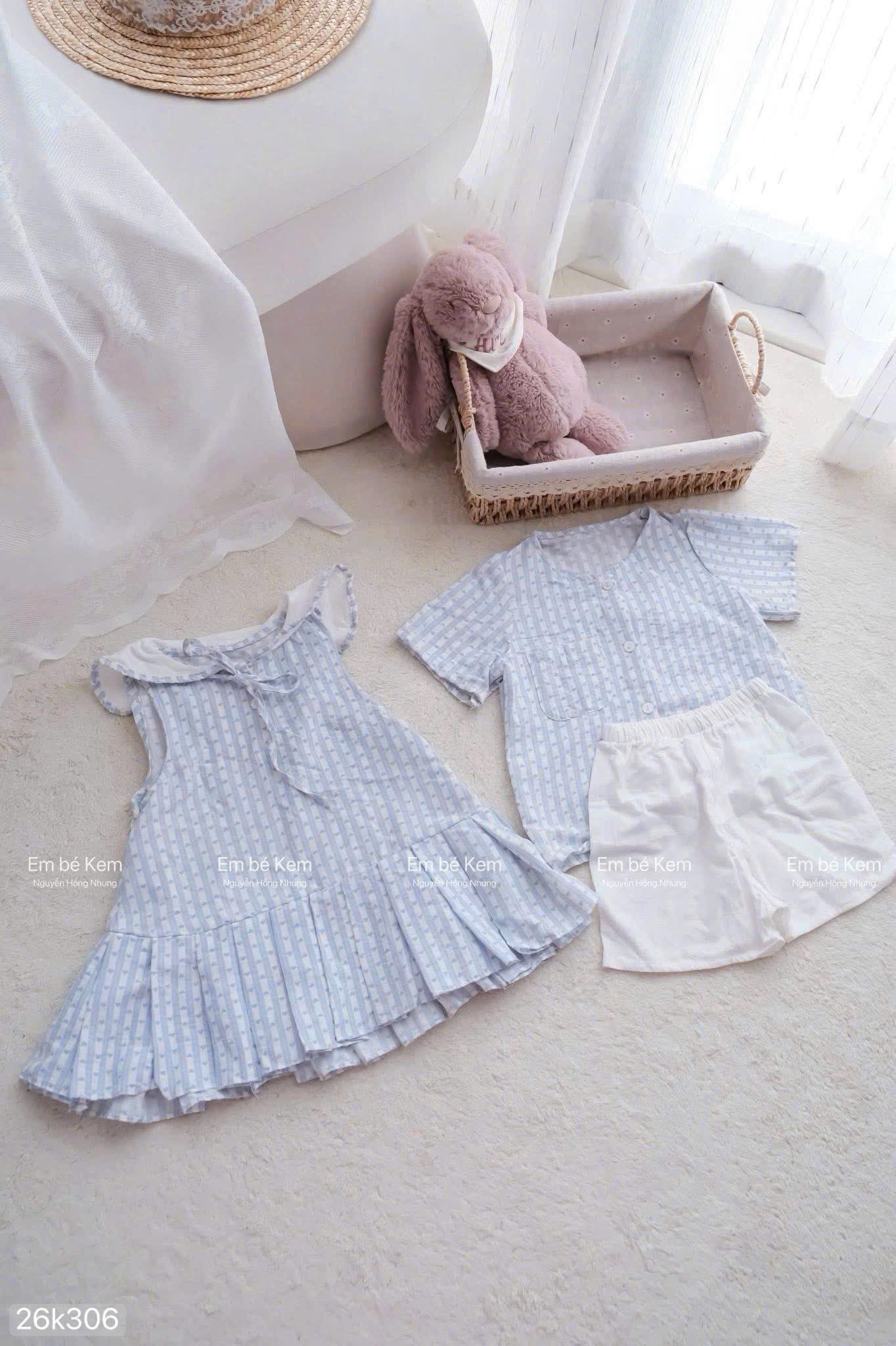 HCS (26k306) Sét đồ bé gái kẻ caro tone xanh mặc đôi siêu iu