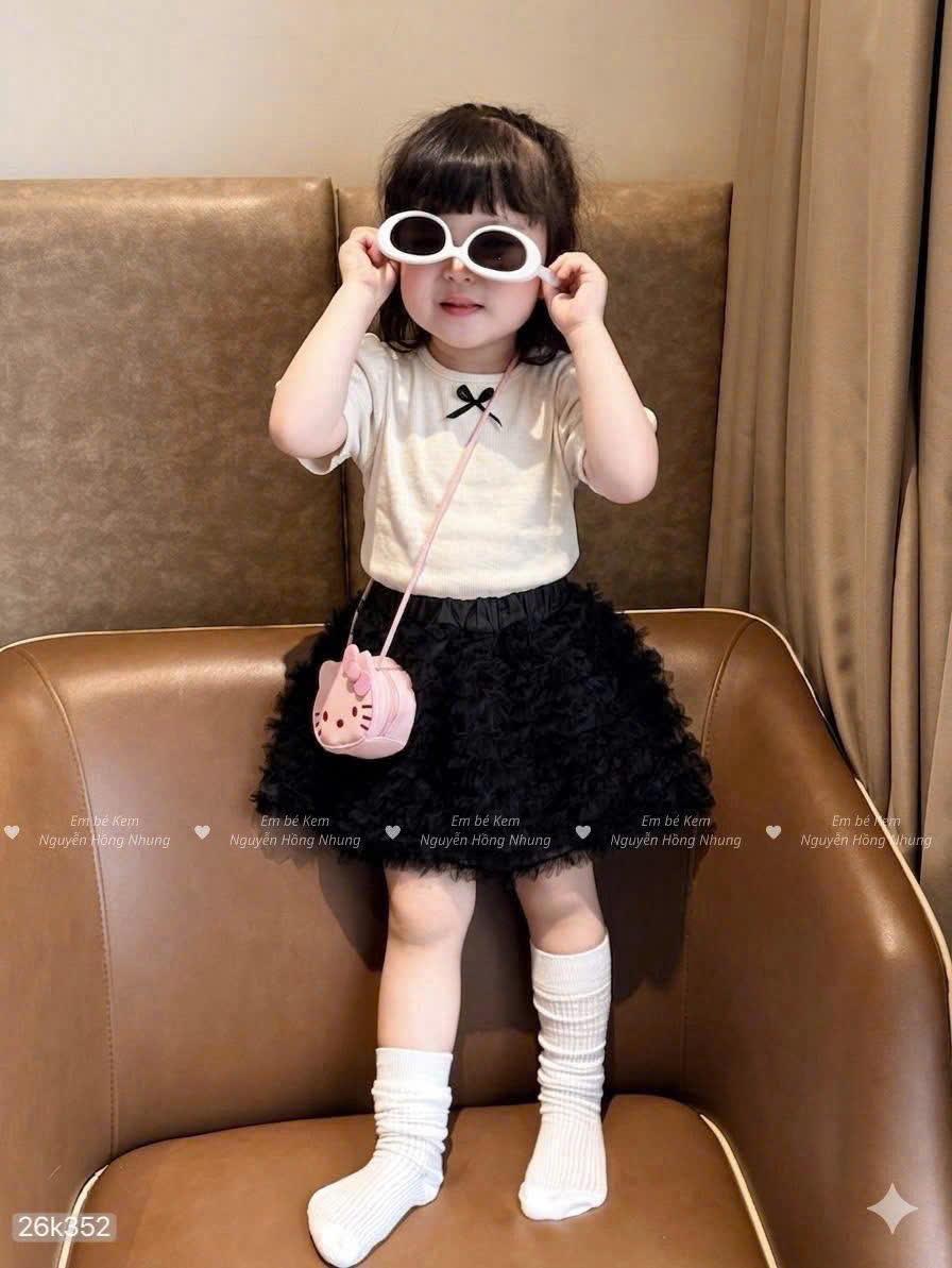 HCS 26k352) Sét áo trắng đính nơ kèm chân váy đen bồng xòe - sz 2 (10-12kg)