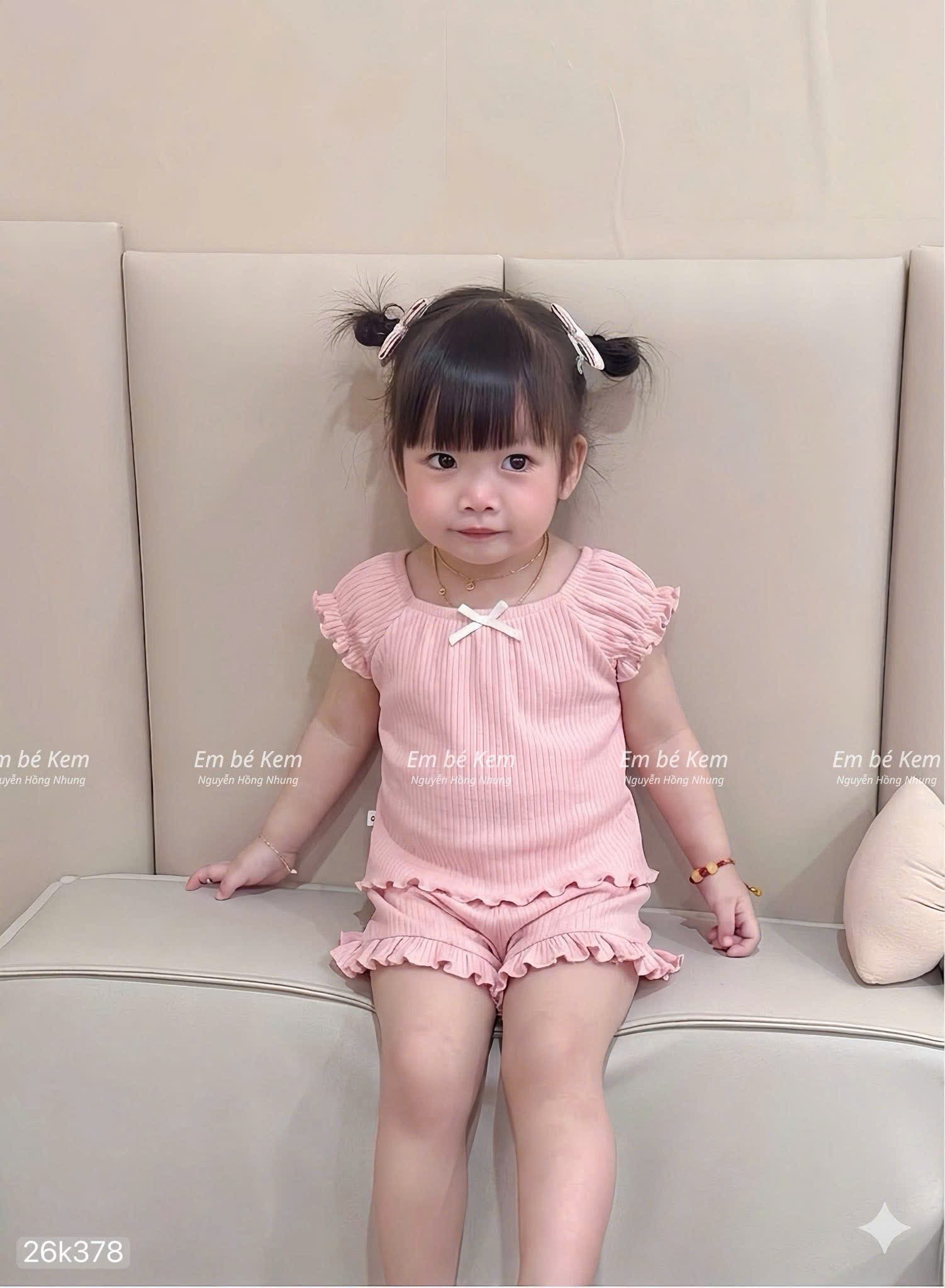 HCS (26k378) Sét bộ mặc nhà cổ vuông đính nơ bo chun cho bé