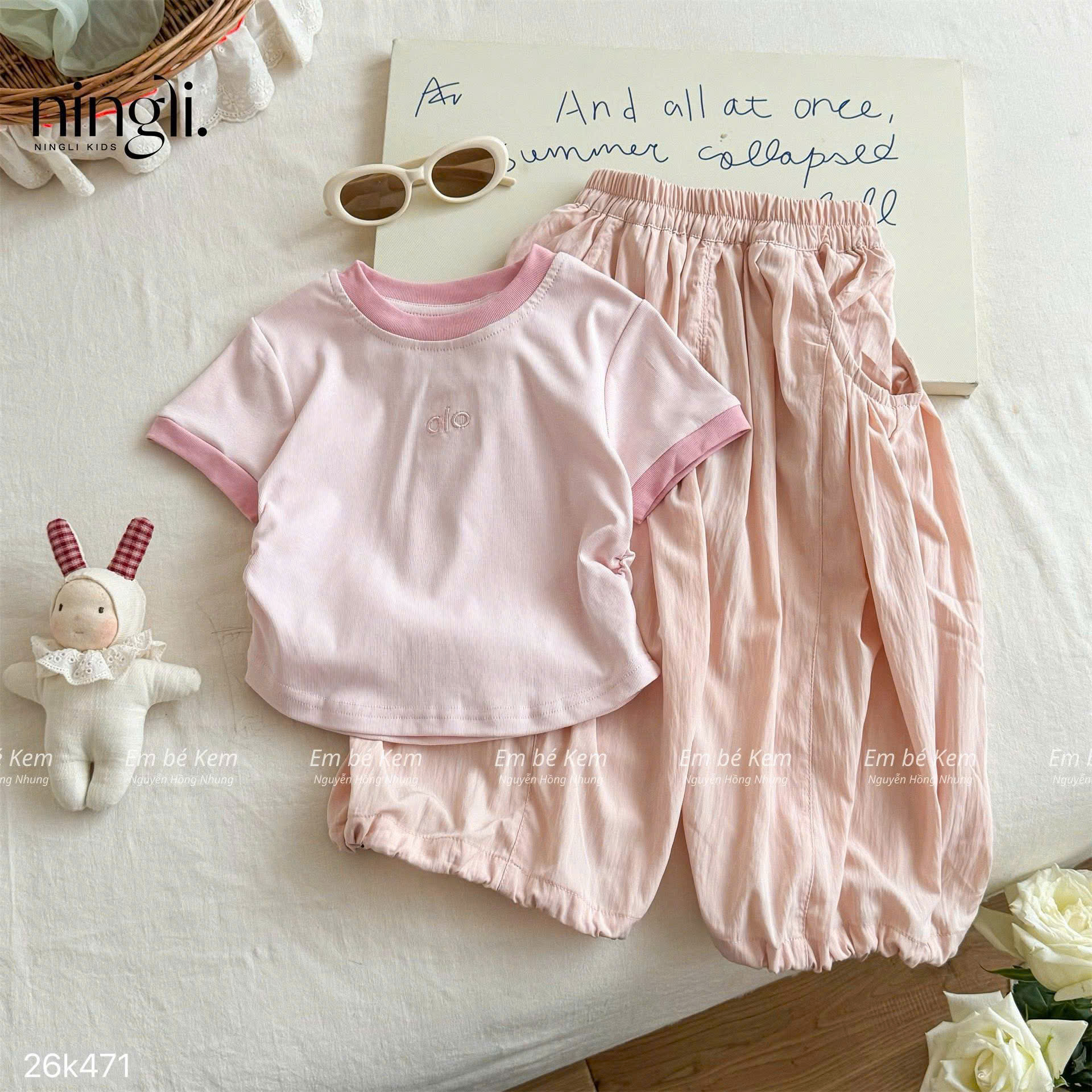 HCS (26k471) Sét bộ alo 2 màu của Ningli áo baby tee kèm quần - HỒNG - 100 (13/15KG)