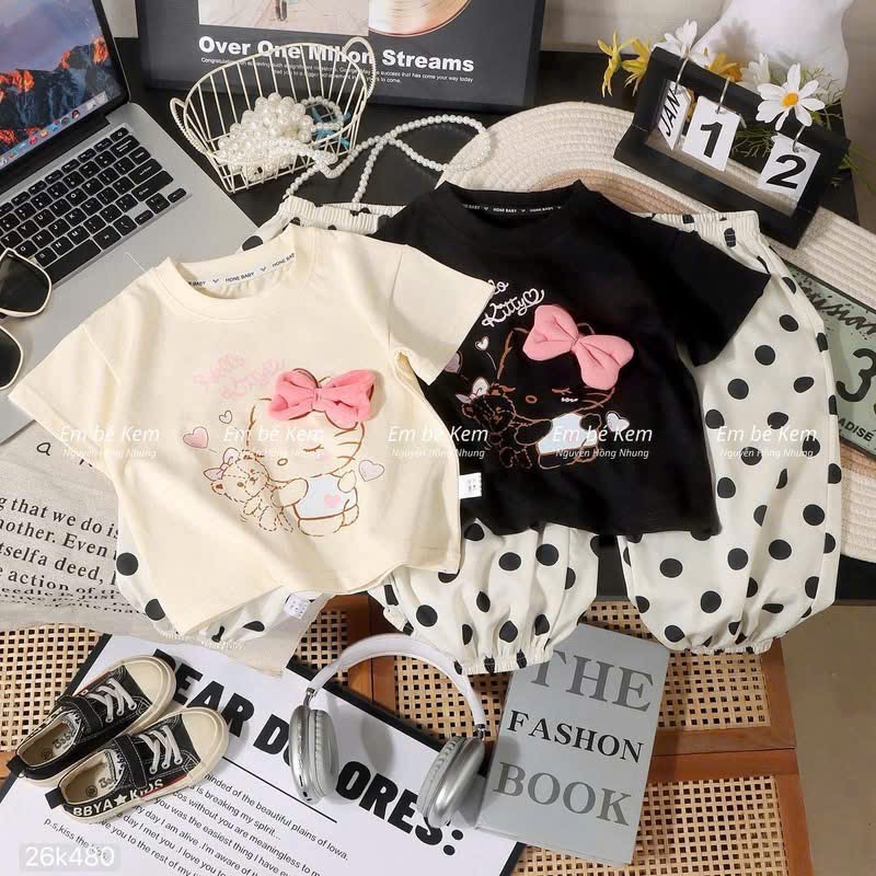 HCS (26k480) Sét bộ kitty nơ nổi quần chấm bi cho bé