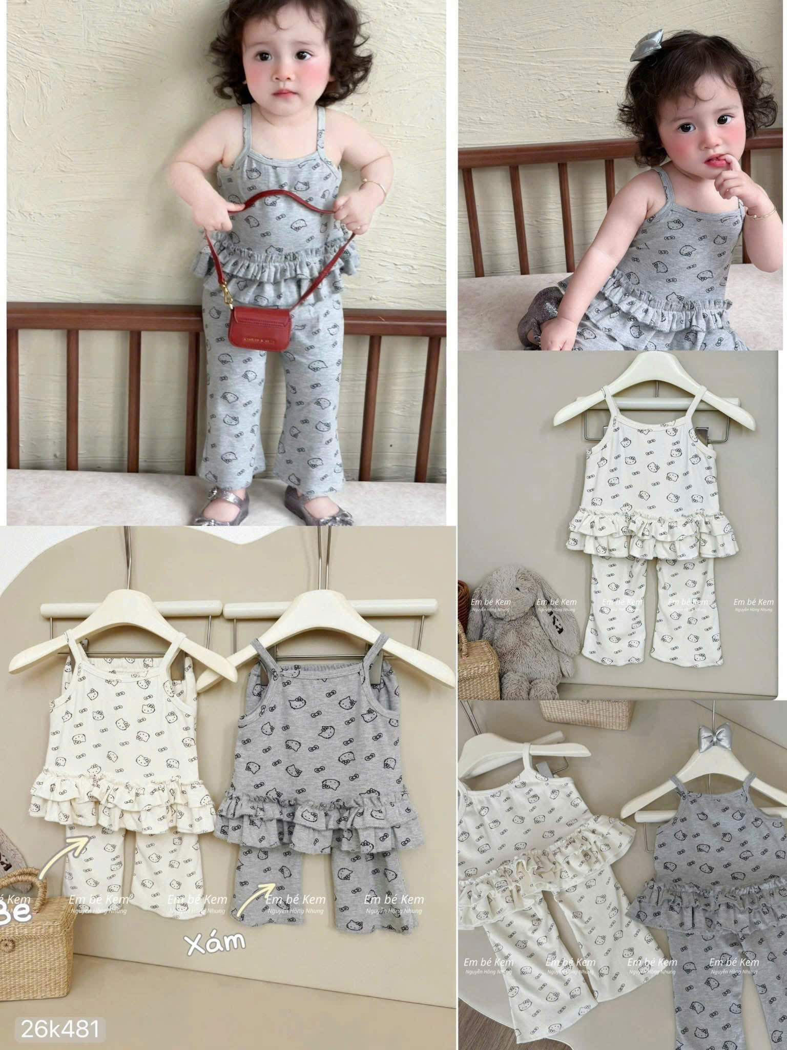 HCS (26k481) Sét bộ 2 dây quần dài 2 màu kem xám hình kitty cho bé (5-6) - xám - sz 5