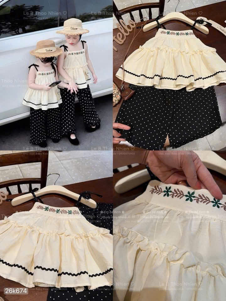HCS (26k674) Sét bộ áo 2 dâyvân hoa kèm quần chấm bi đen dáng dài