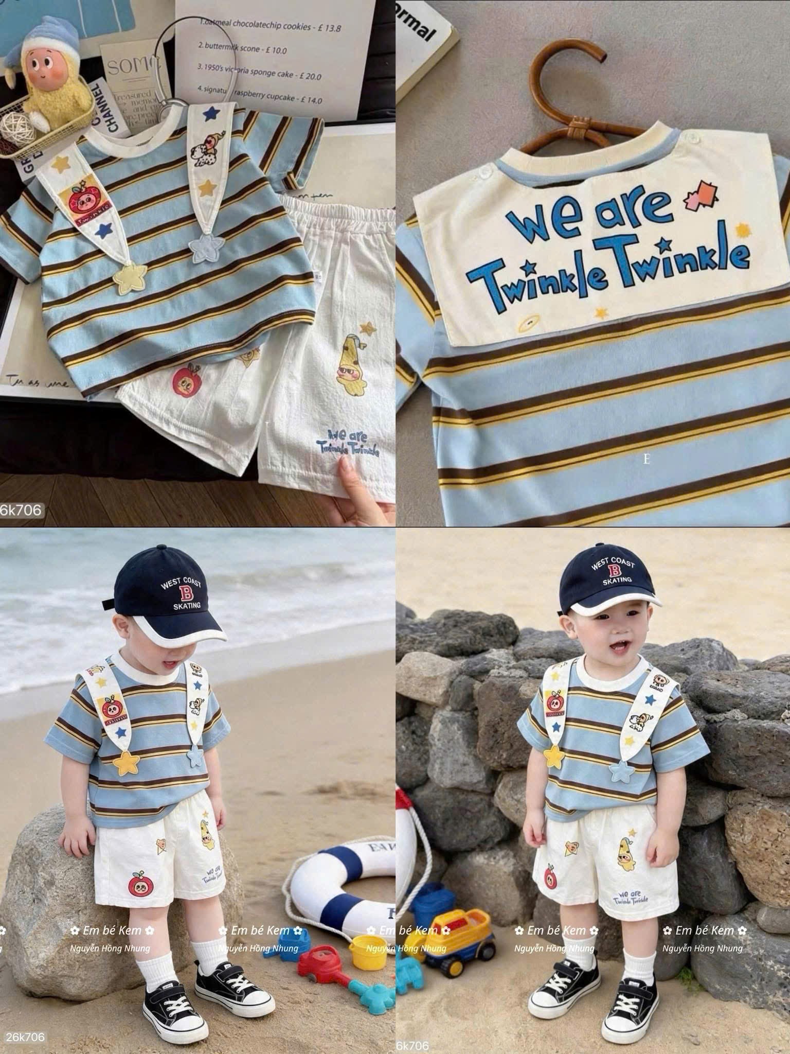 HCS(26k706) Sét áo cotton mềm mịn quần thô cara kèm yếm choàng - 110