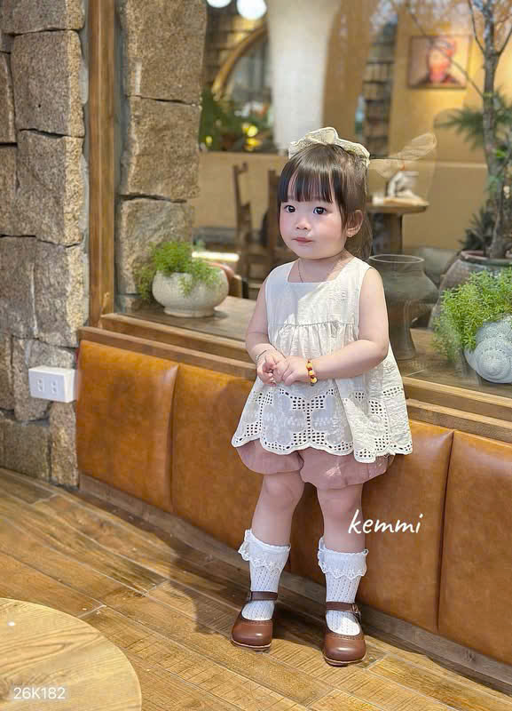 HCS [Kemmi](26K182) Set áo babydoll dập lỗ sát nách kèm quần bí siêu xinh