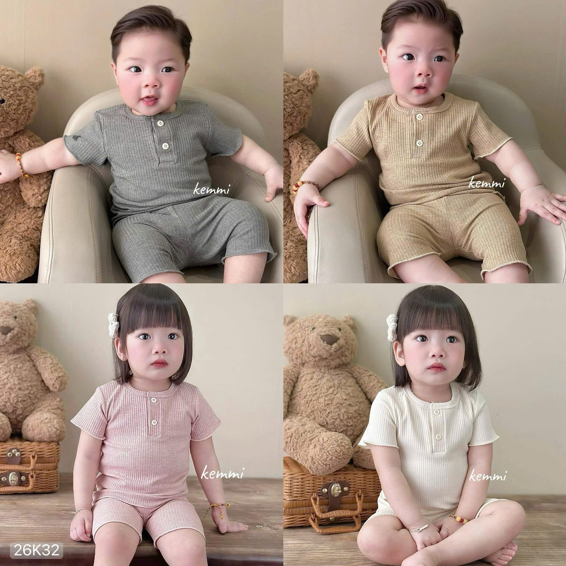 HCS [Kemmi] (26K32) Set bộ thiết kế thun gân cổ khuy quần lửng 4 màu siêu basic (0-6)