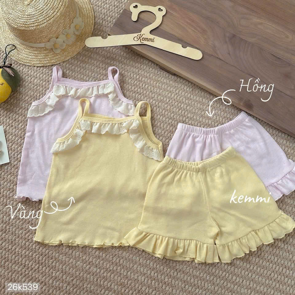 HCS [Kemmi](26K539) Set bộ hai dây phối viền bèo vải thoáng mát cho bé (LẺ 95K)