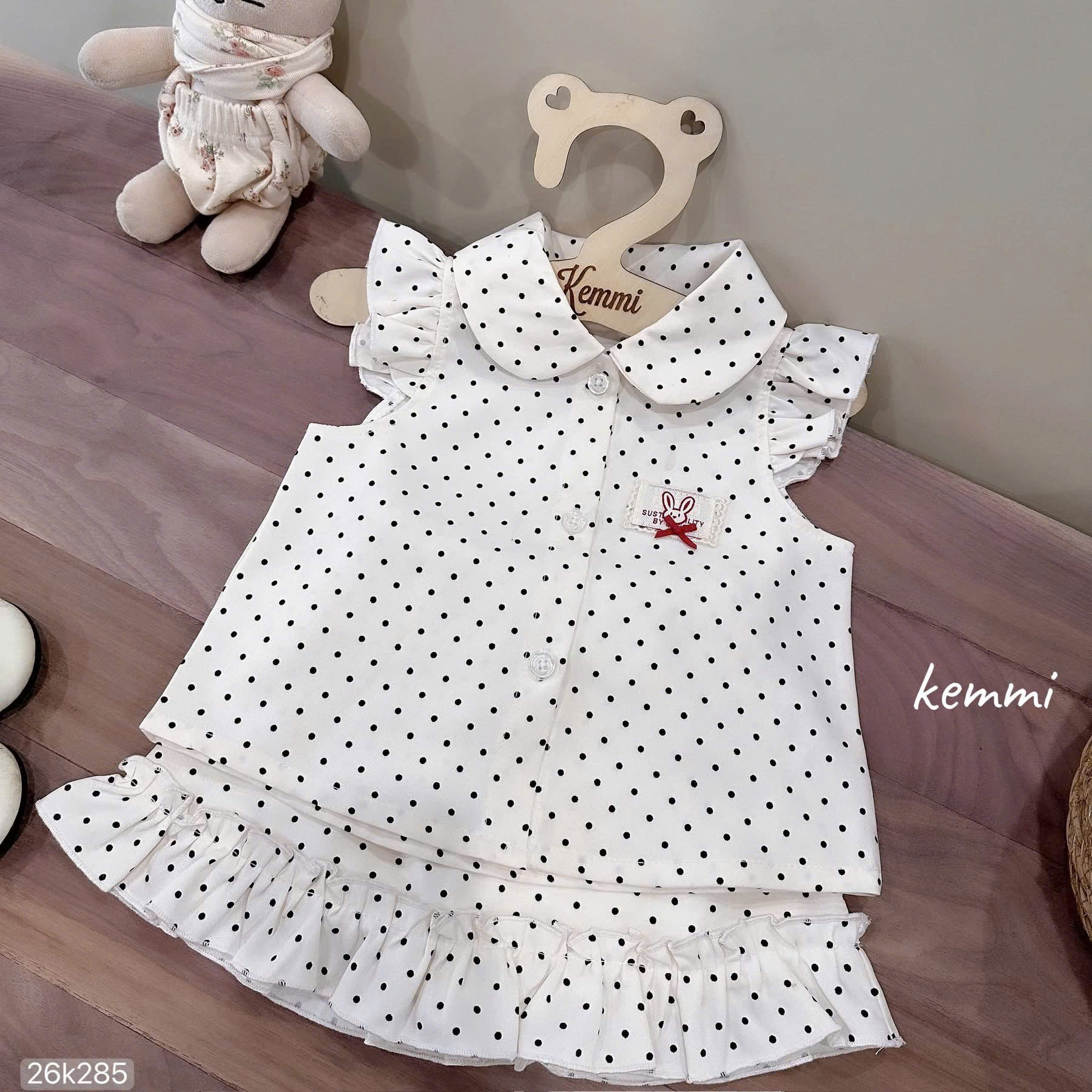 HCS [Kemmi] (26k285) Sét váy chấm bi logo thỏ trước ngực cho bé (0-6)