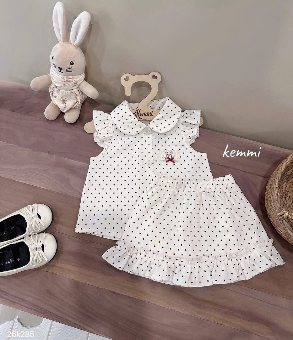 HCS [Kemmi] (26k285) Sét váy chấm bi logo thỏ trước ngực cho bé (0-6)