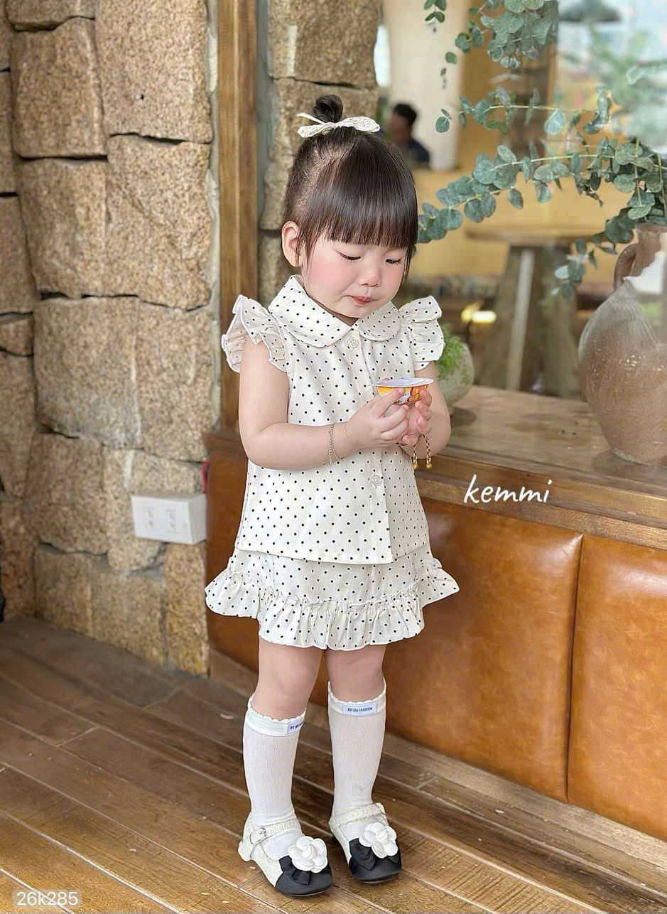 HCS [Kemmi] (26k285) Sét váy chấm bi logo thỏ trước ngực cho bé (0-6)