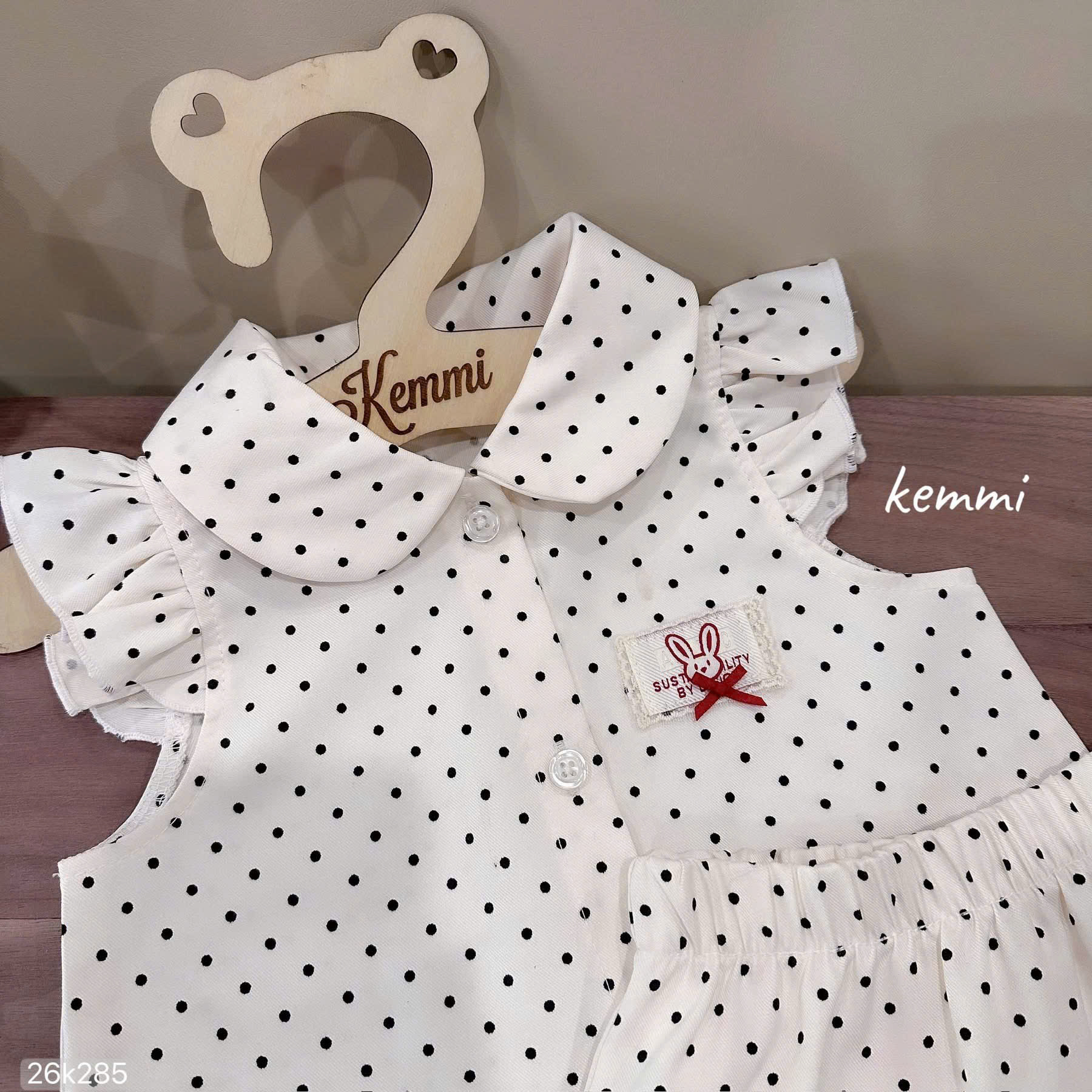 HCS [Kemmi] (26k285) Sét váy chấm bi logo thỏ trước ngực cho bé (0-6)