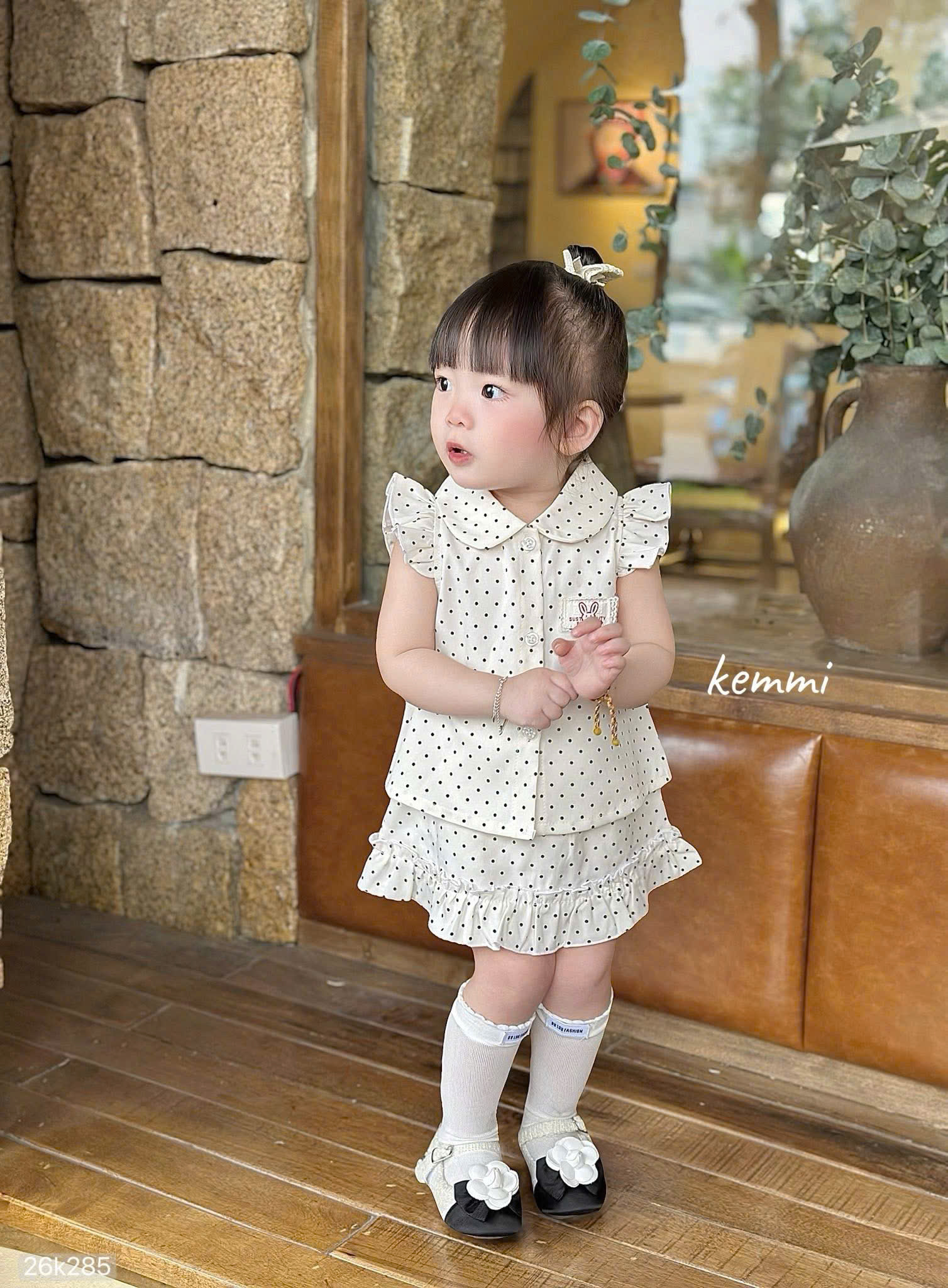 HCS [Kemmi] (26k285) Sét váy chấm bi logo thỏ trước ngực cho bé (0-6)