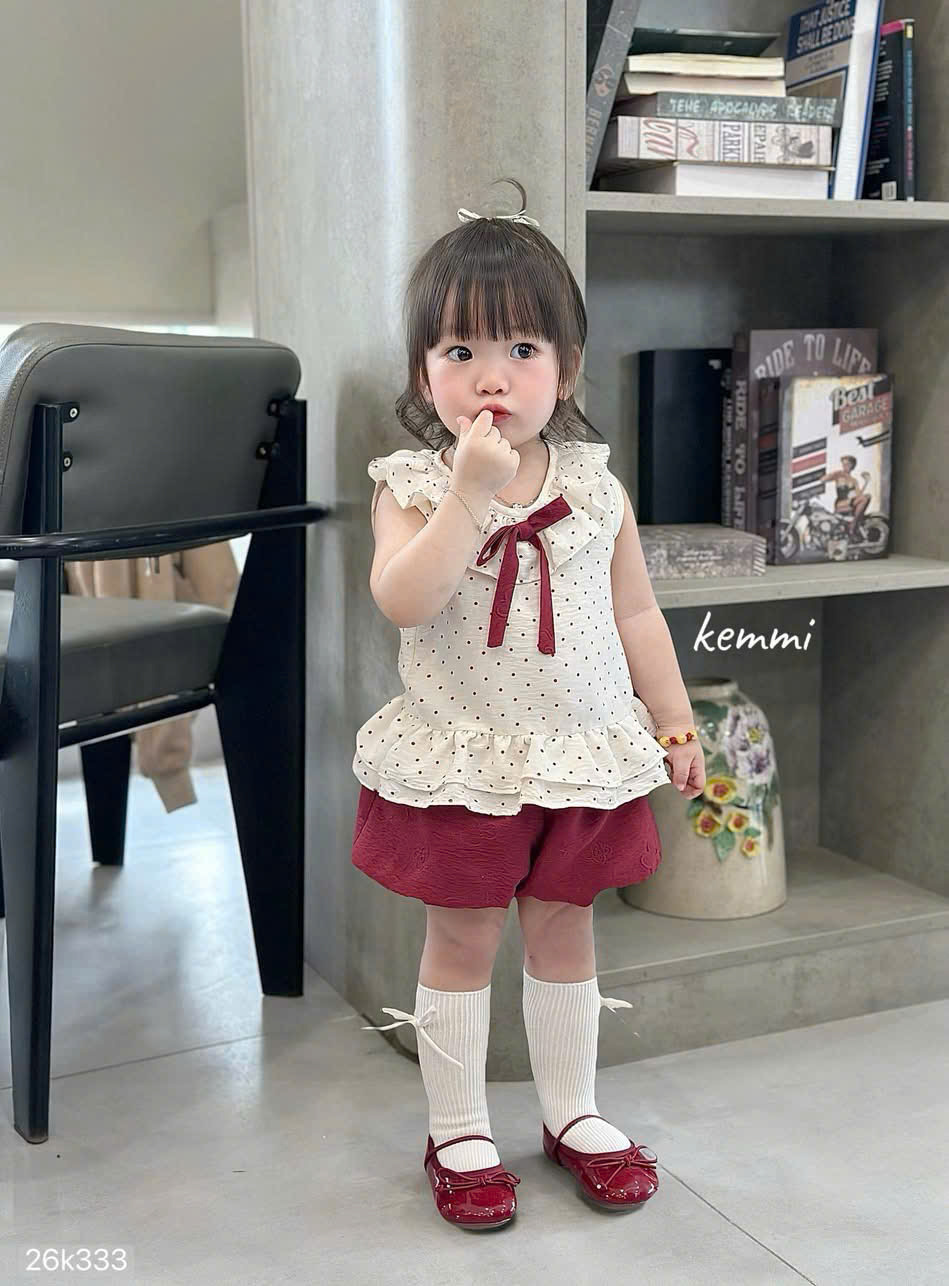 HCS [Kemmi] (26k333) Sét áo chấm bi trắng kèm chân váy bí đỏ cho bé iu