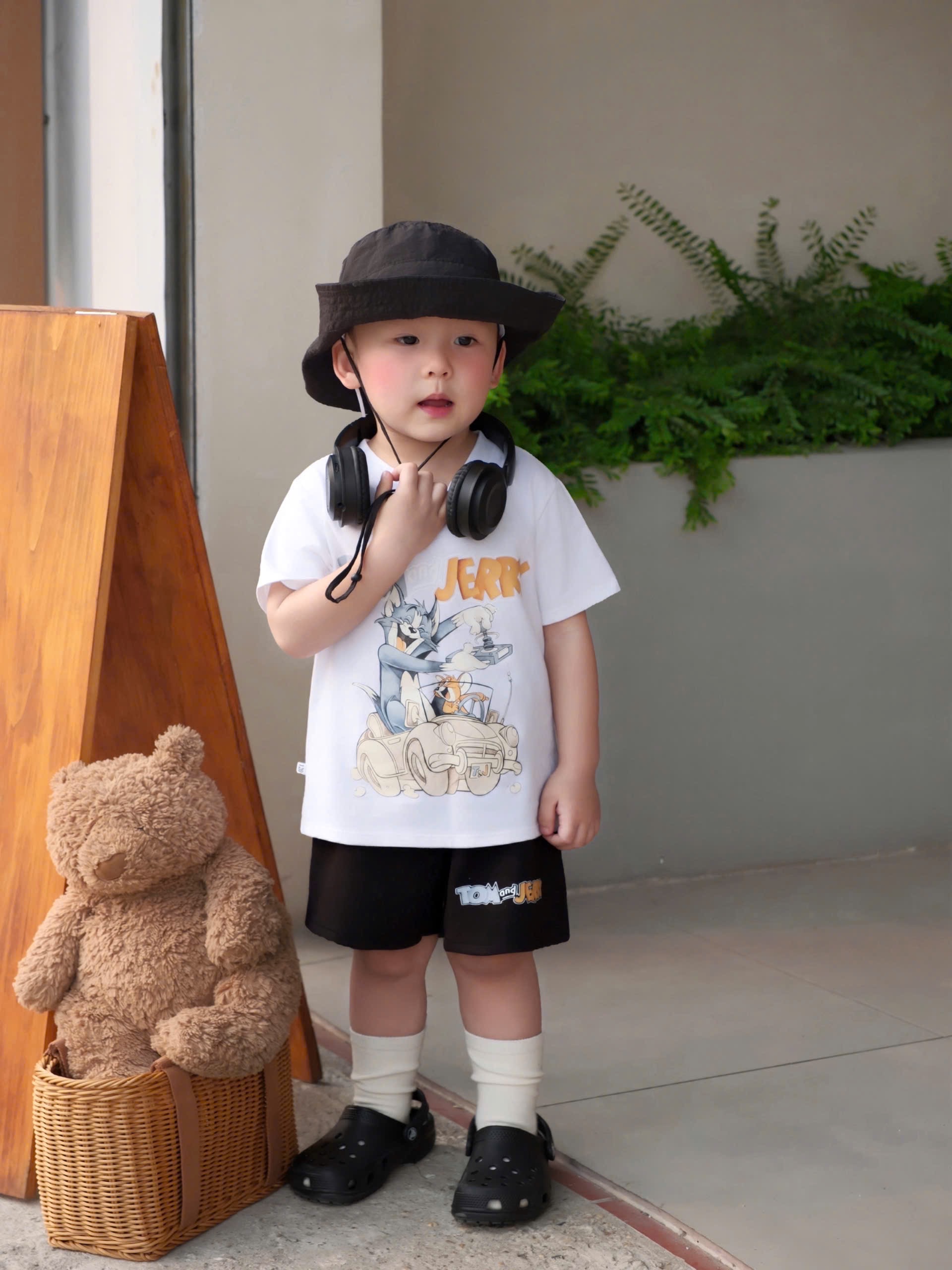 HCS [Soomi](26K293) Set áo phông trắng phối quần đen Tom anh Jerry cho bé