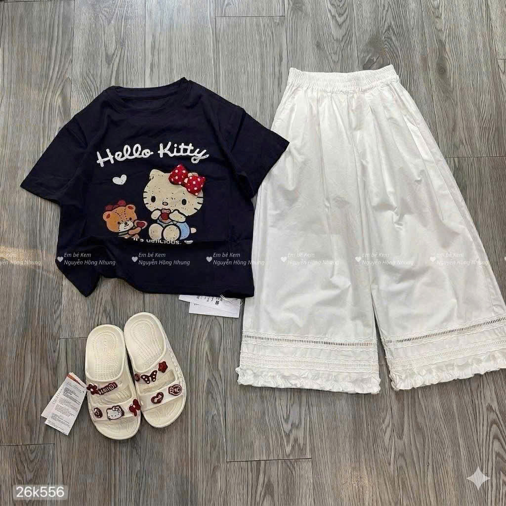 hcs -(26K556) Set bộ hello kitty áo phông đen quần trắng.