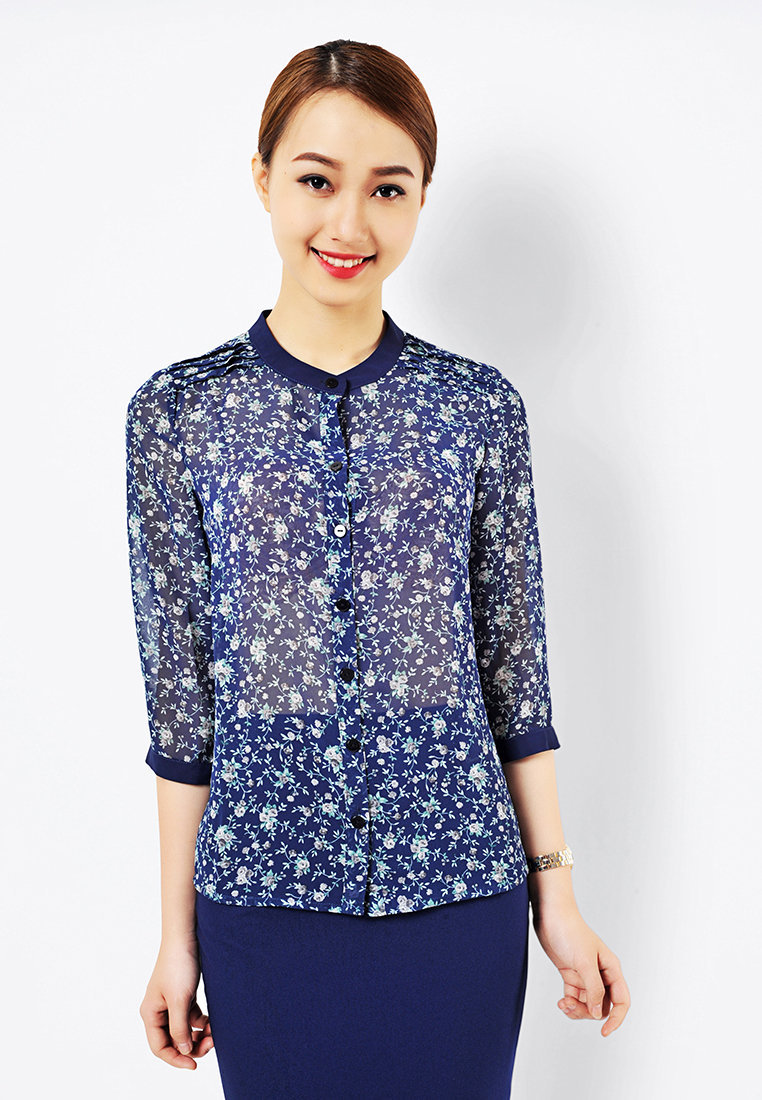 Sơ mi họa tiết xếp ly vai - Xanh navy - M