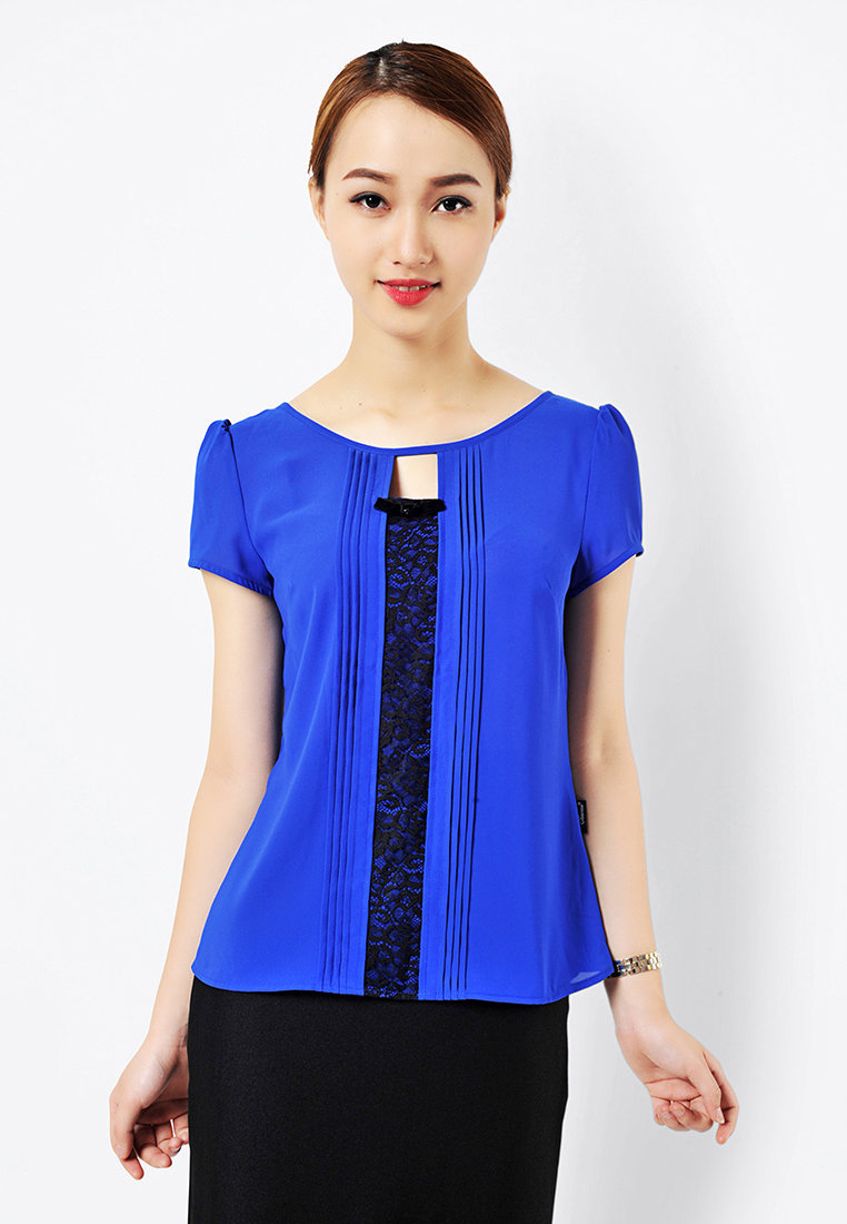 Sơ mi phối ren đen dọc ngực - Xanh indigo - L