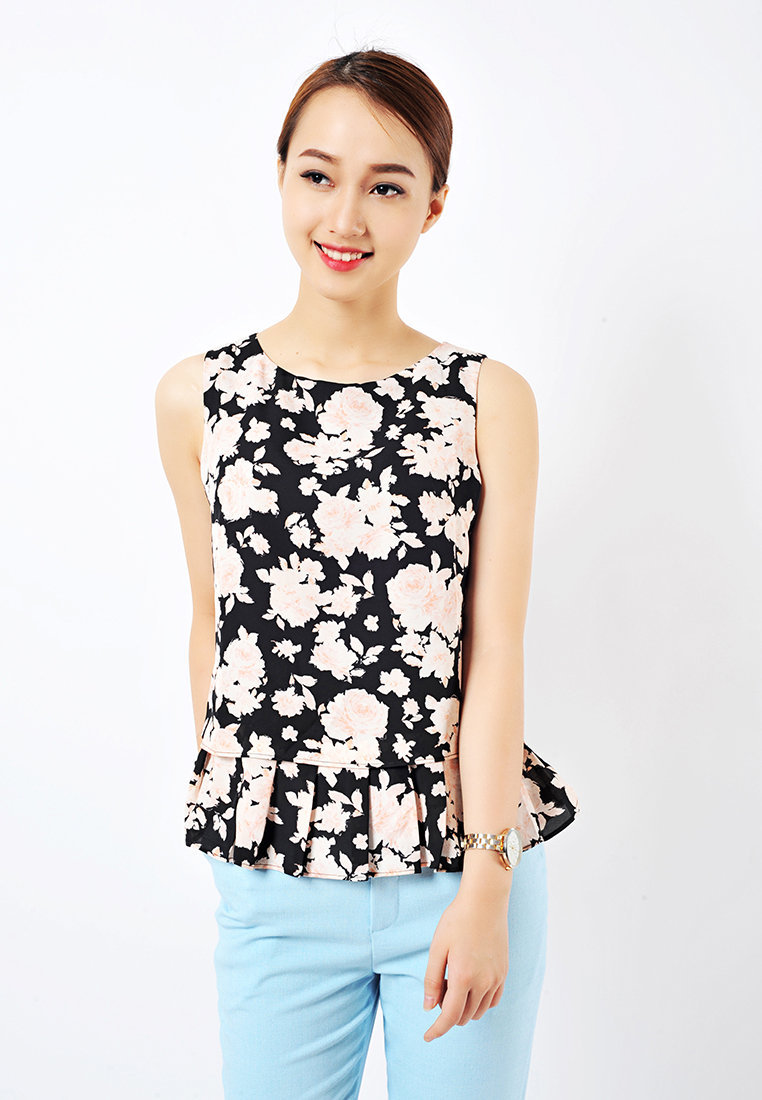 Sơ mi hoa sát nách 2 lớp xếp ly - Đen - L