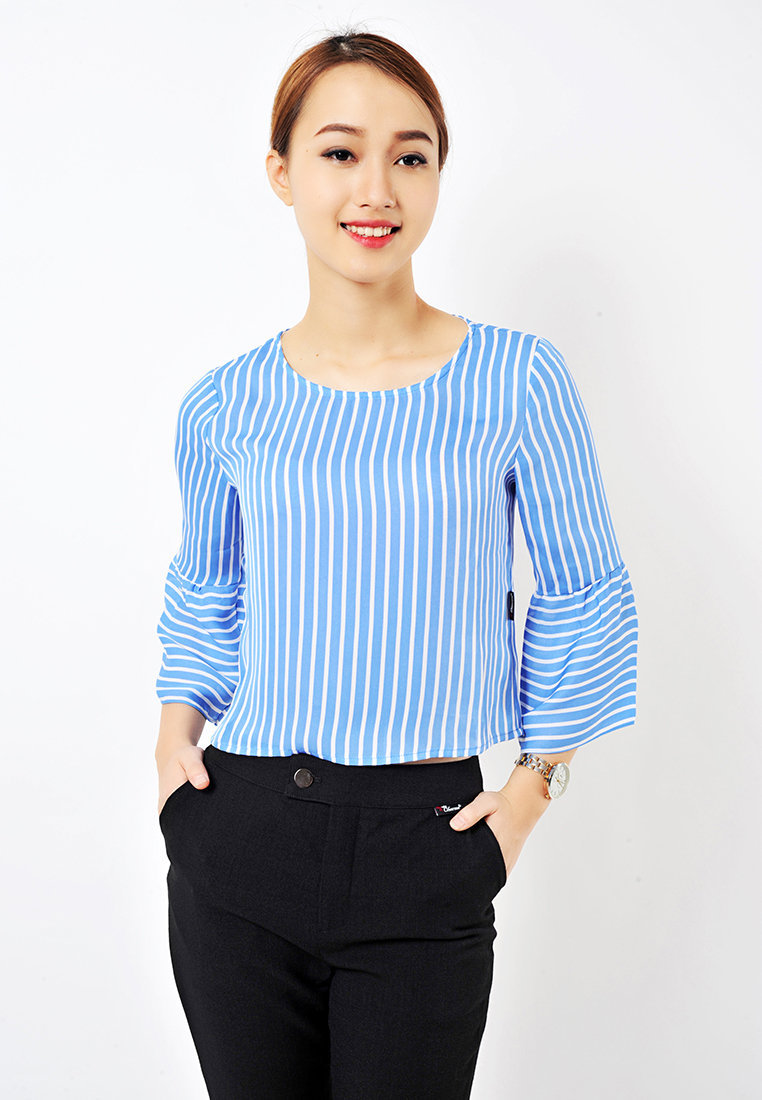 Sơ mi croptop kẻ - Xanh da trời - M