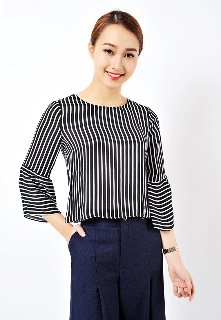 Sơ mi croptop kẻ - Đen - S