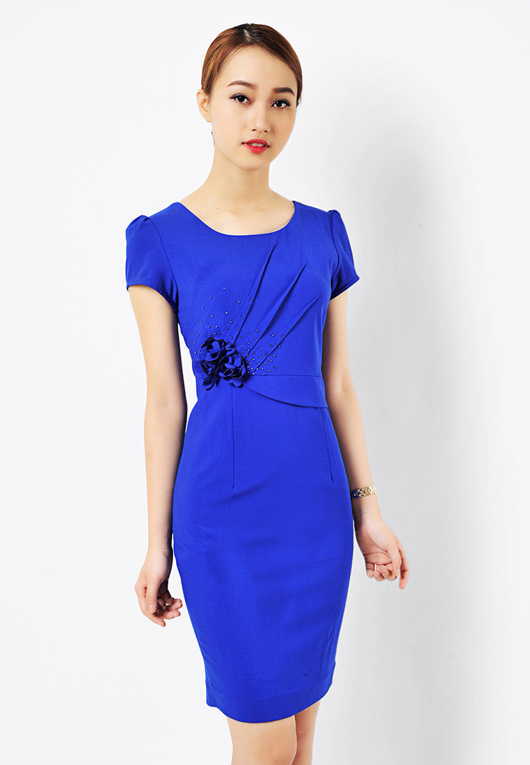 Đầm phối xếp ly hoa eo - Xanh indigo - XL