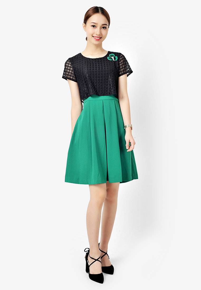Đầm xòe croptop ren phủ - Xanh lá cây - S