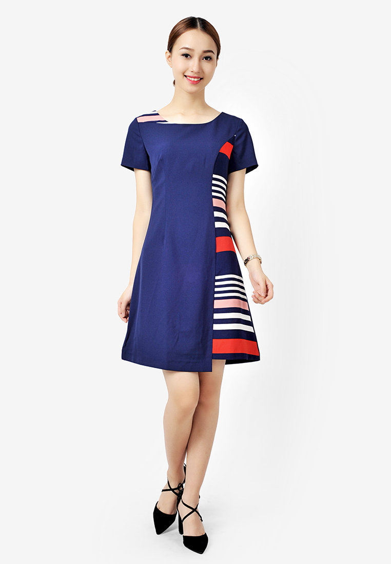 Đầm A phối kẻ - Xanh navy - L